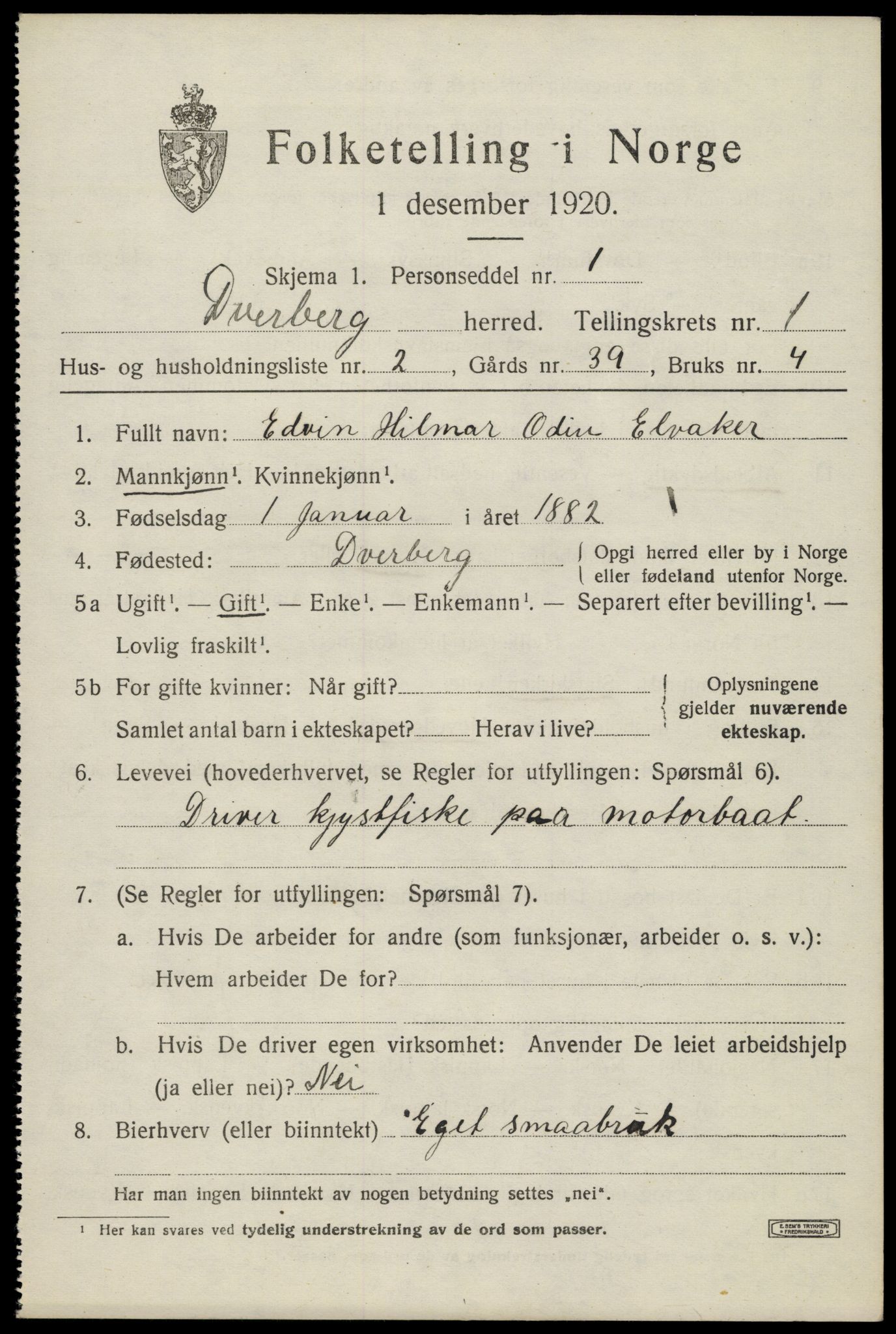 SAT, 1920 census for Dverberg, 1920, p. 1868