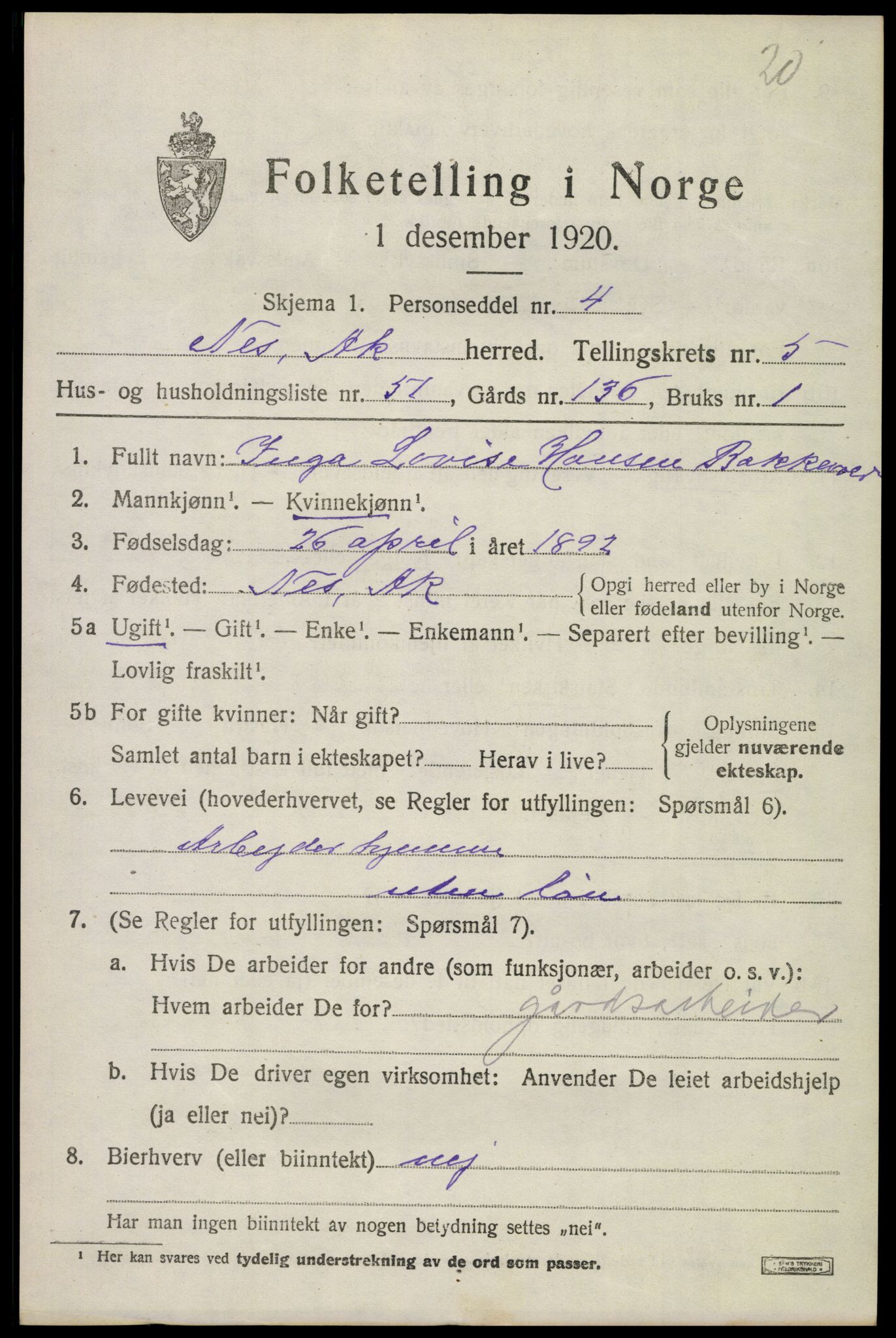 SAO, 1920 census for Nes, 1920, p. 7106