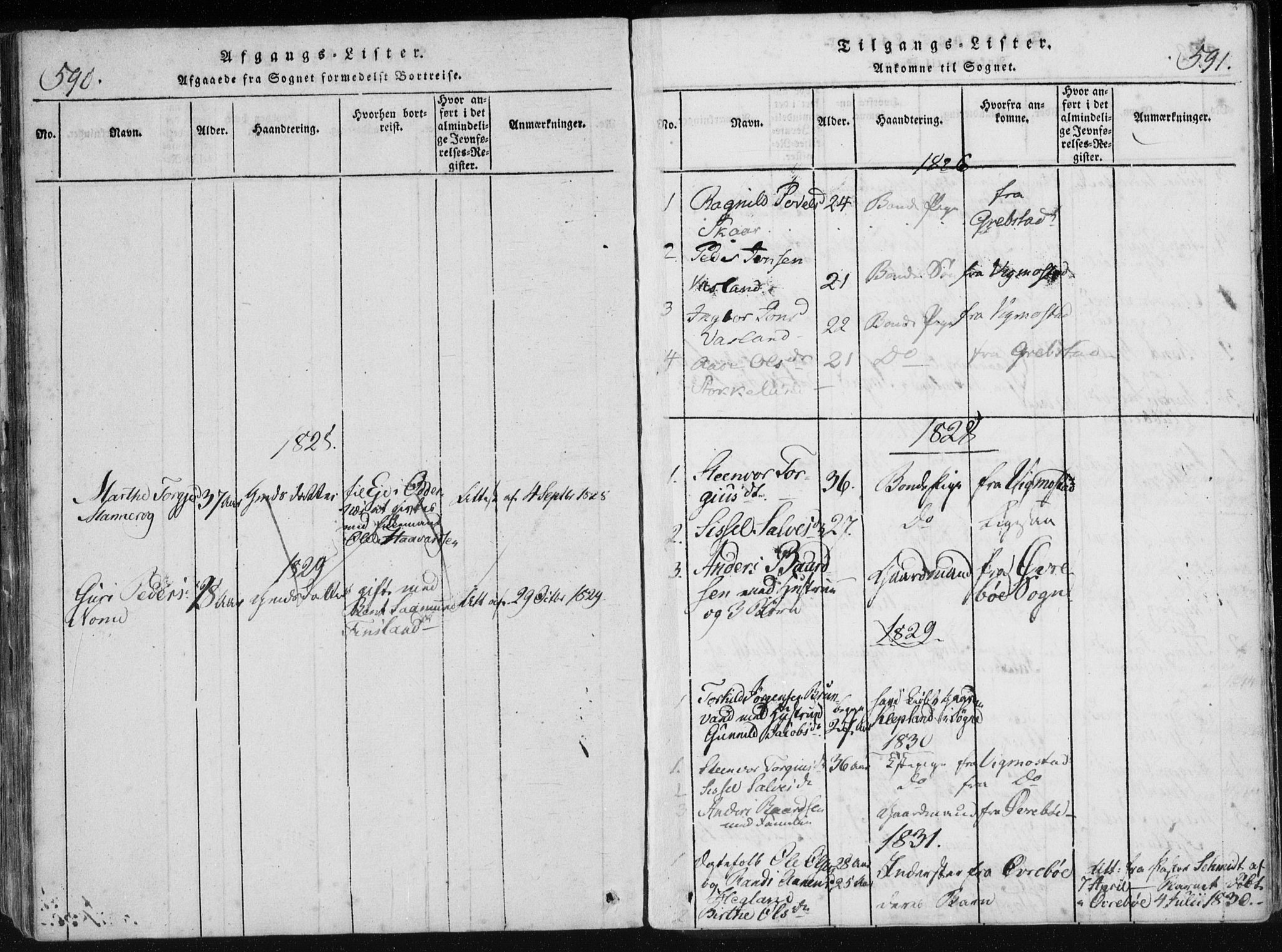 Holum sokneprestkontor, SAK/1111-0022/F/Fa/Fac/L0002: Parish register (official) no. A 2, 1821-1859, p. 590-591