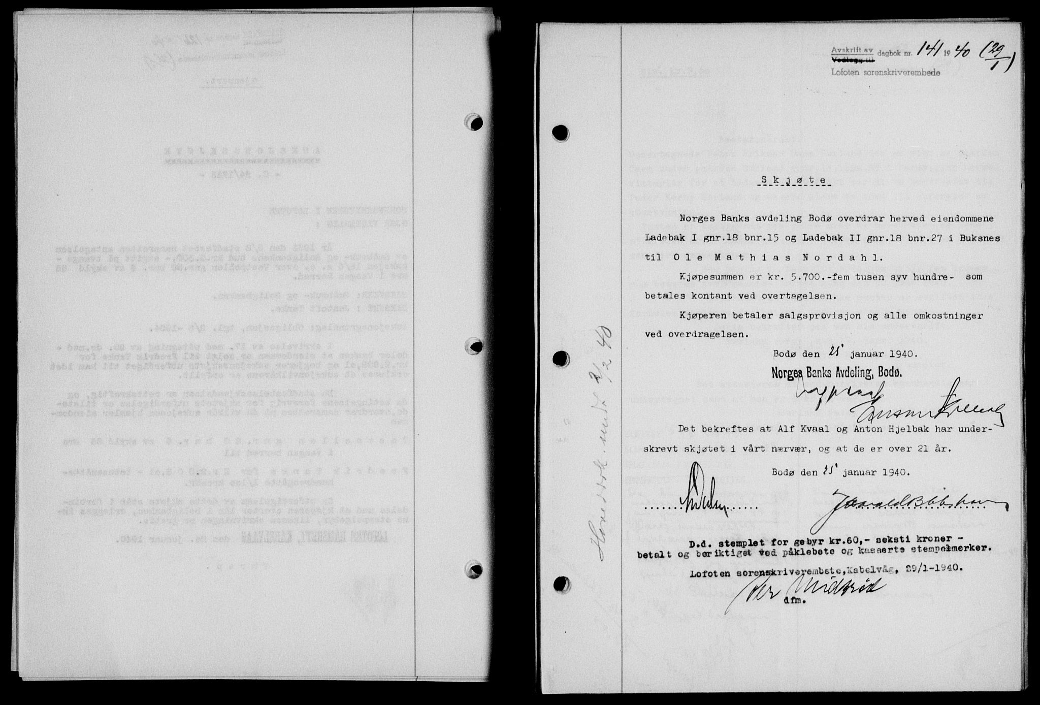 Lofoten sorenskriveri, SAT/A-0017/1/2/2C/L0007a: Mortgage book no. 7a, 1939-1940, Diary no: : 141/1940