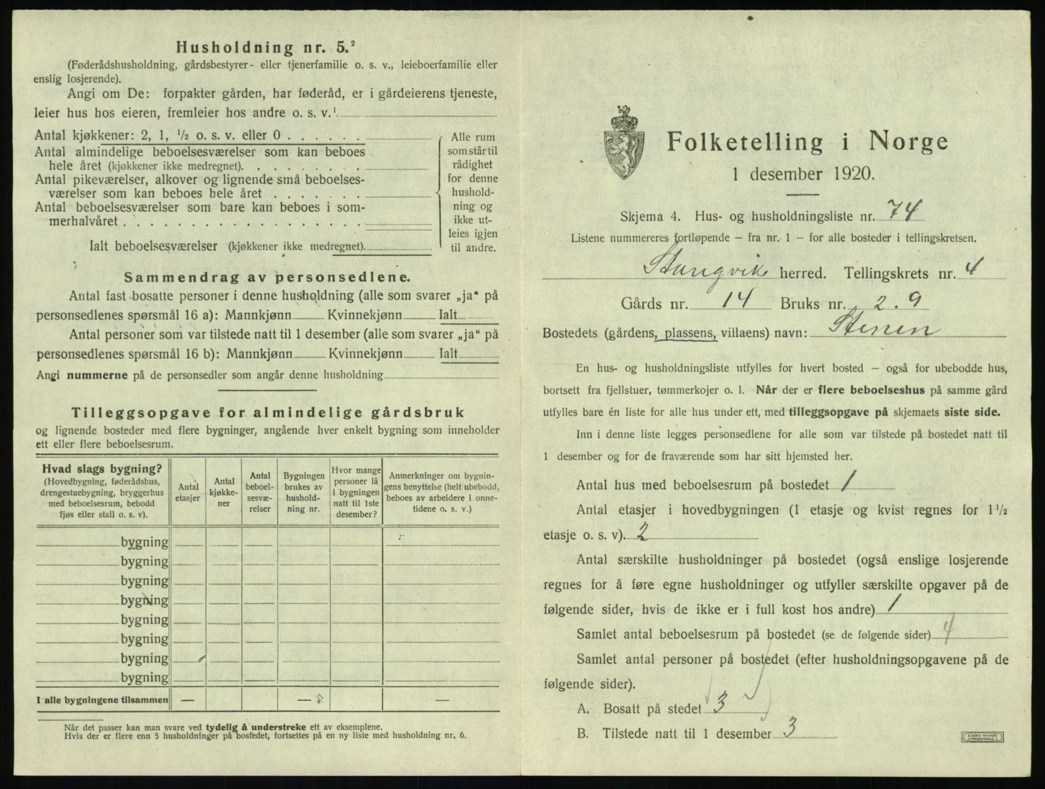 SAT, 1920 census for Stangvik, 1920, p. 450