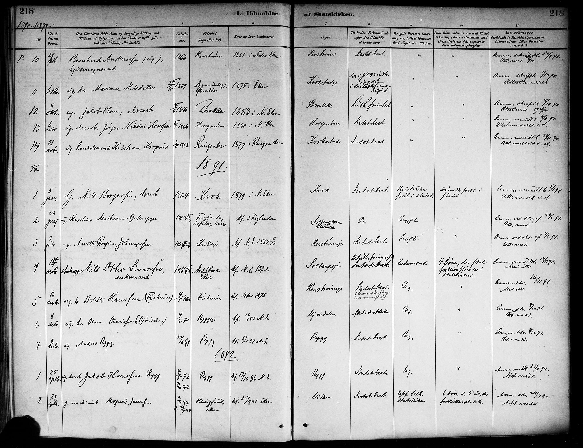 Nedre Eiker kirkebøker, SAKO/A-612/F/Fa/L0003: Parish register (official) no. 3, 1885-1892, p. 218