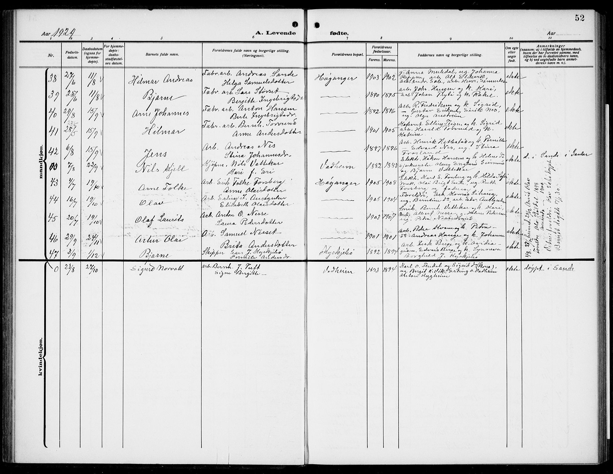 Lavik sokneprestembete, AV/SAB-A-80901: Parish register (copy) no. B 4, 1914-1937, p. 52