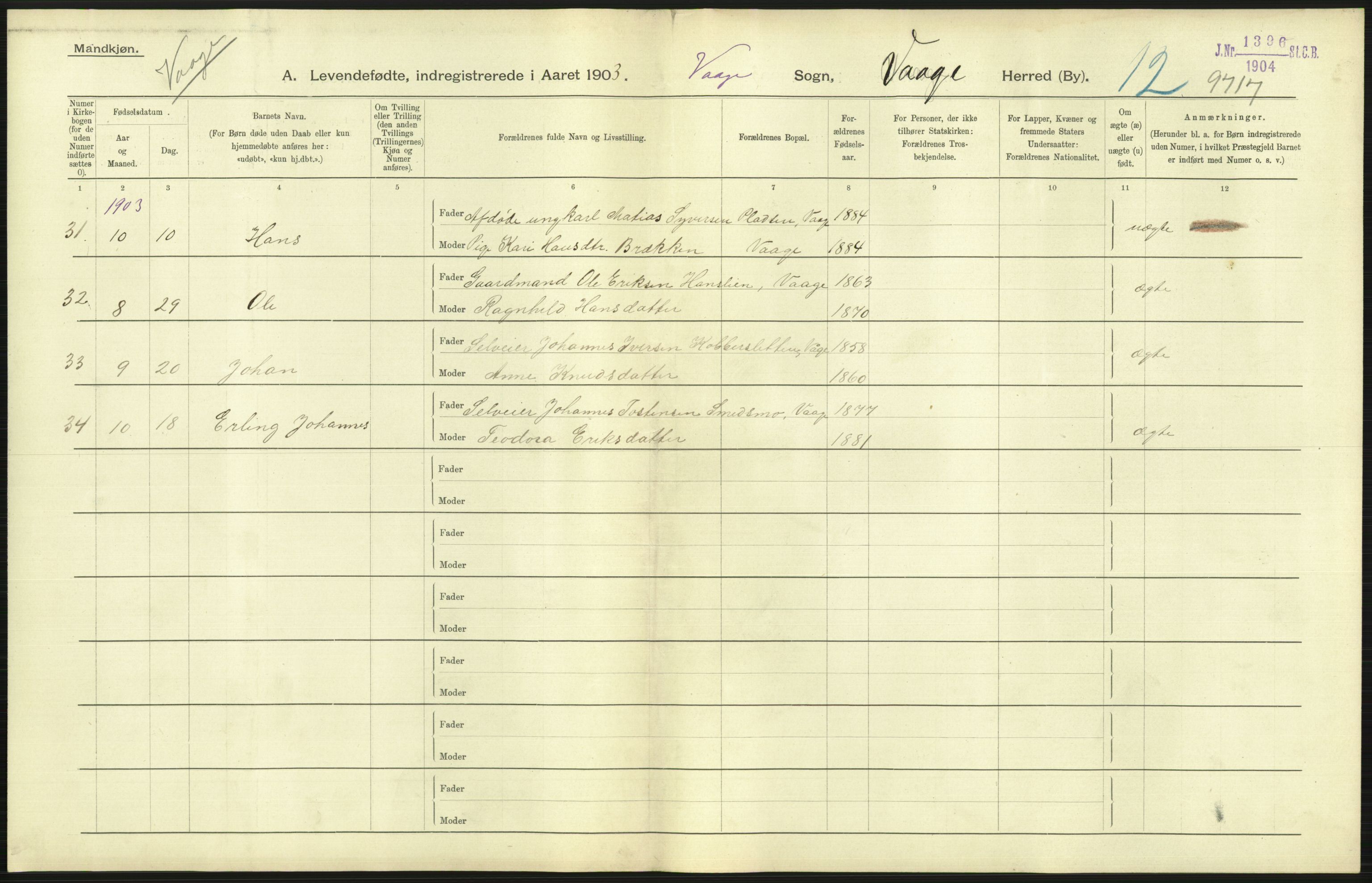 Statistisk sentralbyrå, Sosiodemografiske emner, Befolkning, AV/RA-S-2228/D/Df/Dfa/Dfaa/L0006: Kristians amt: Fødte, gifte, døde, 1903, p. 39