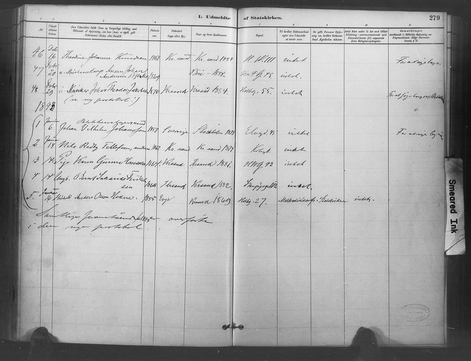 Kristiansand domprosti, AV/SAK-1112-0006/F/Fa/L0018: Parish register (official) no. A 17, 1880-1892, p. 279