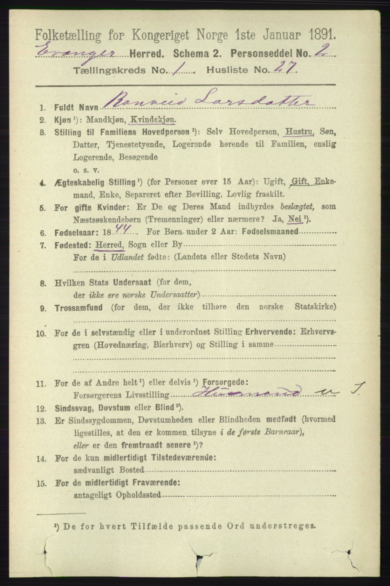 RA, 1891 census for 1237 Evanger, 1891, p. 250