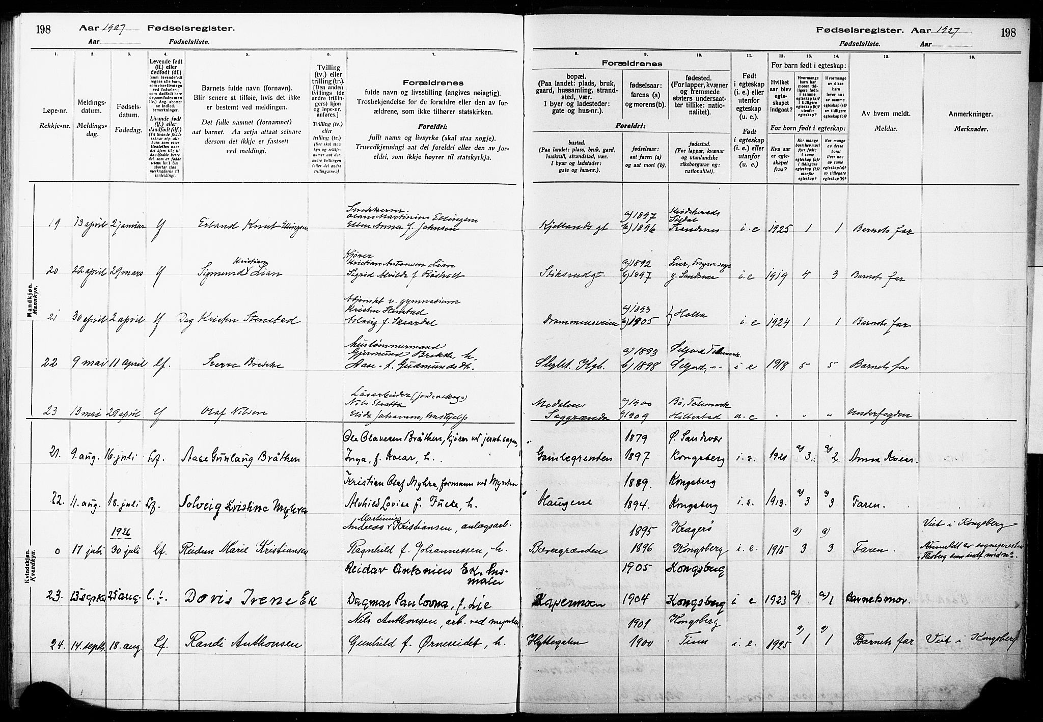 Kongsberg kirkebøker, SAKO/A-22/J/Ja/L0001: Birth register no. 1, 1916-1927, p. 198