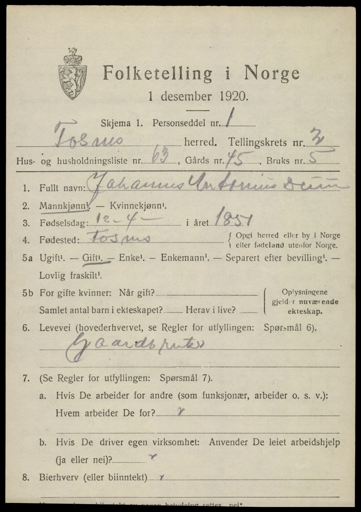SAT, 1920 census for Fosnes, 1920, p. 1411