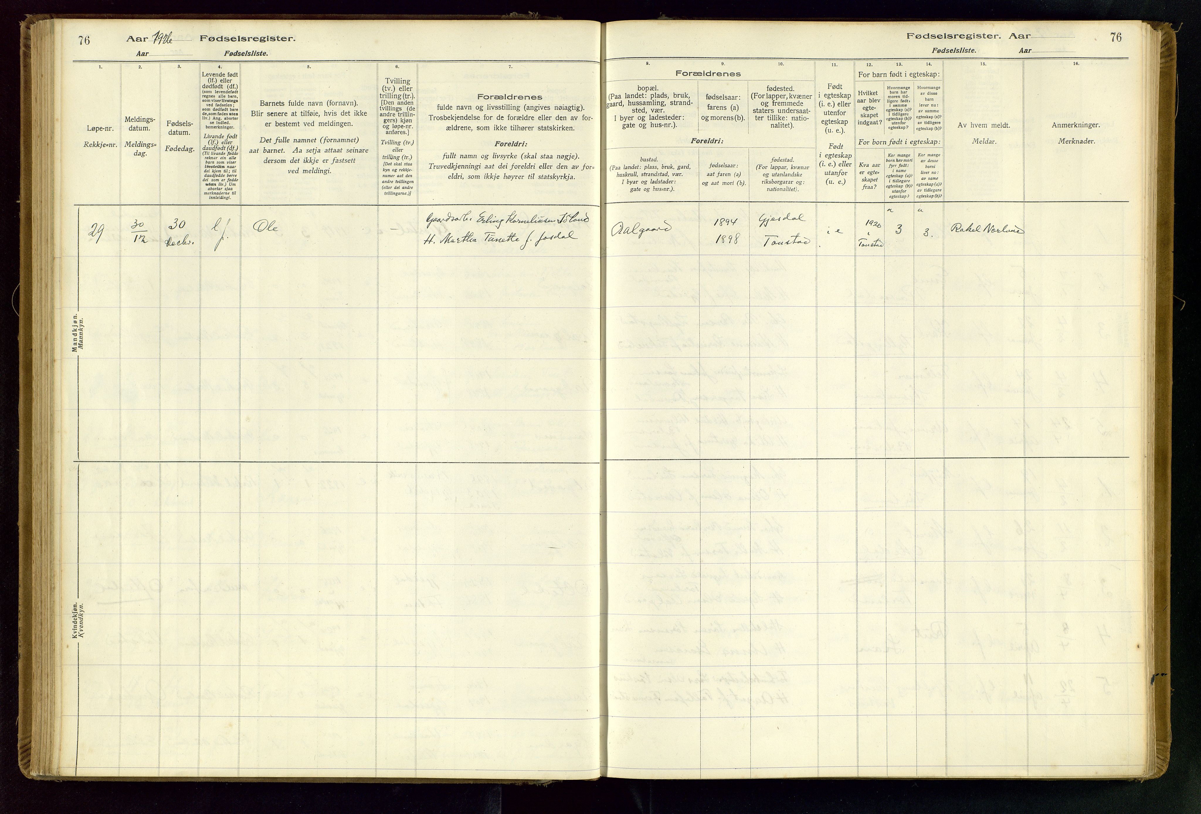 Gjesdal sokneprestkontor, SAST/A-101796/002/O/L0001: Birth register no. 1, 1916-1949, p. 76