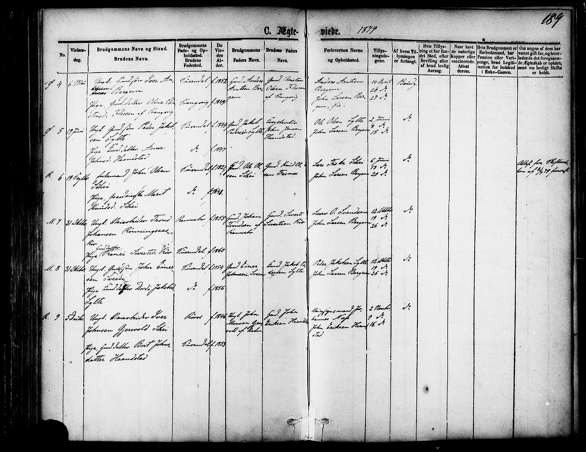 Ministerialprotokoller, klokkerbøker og fødselsregistre - Møre og Romsdal, AV/SAT-A-1454/595/L1046: Parish register (official) no. 595A08, 1874-1884, p. 189