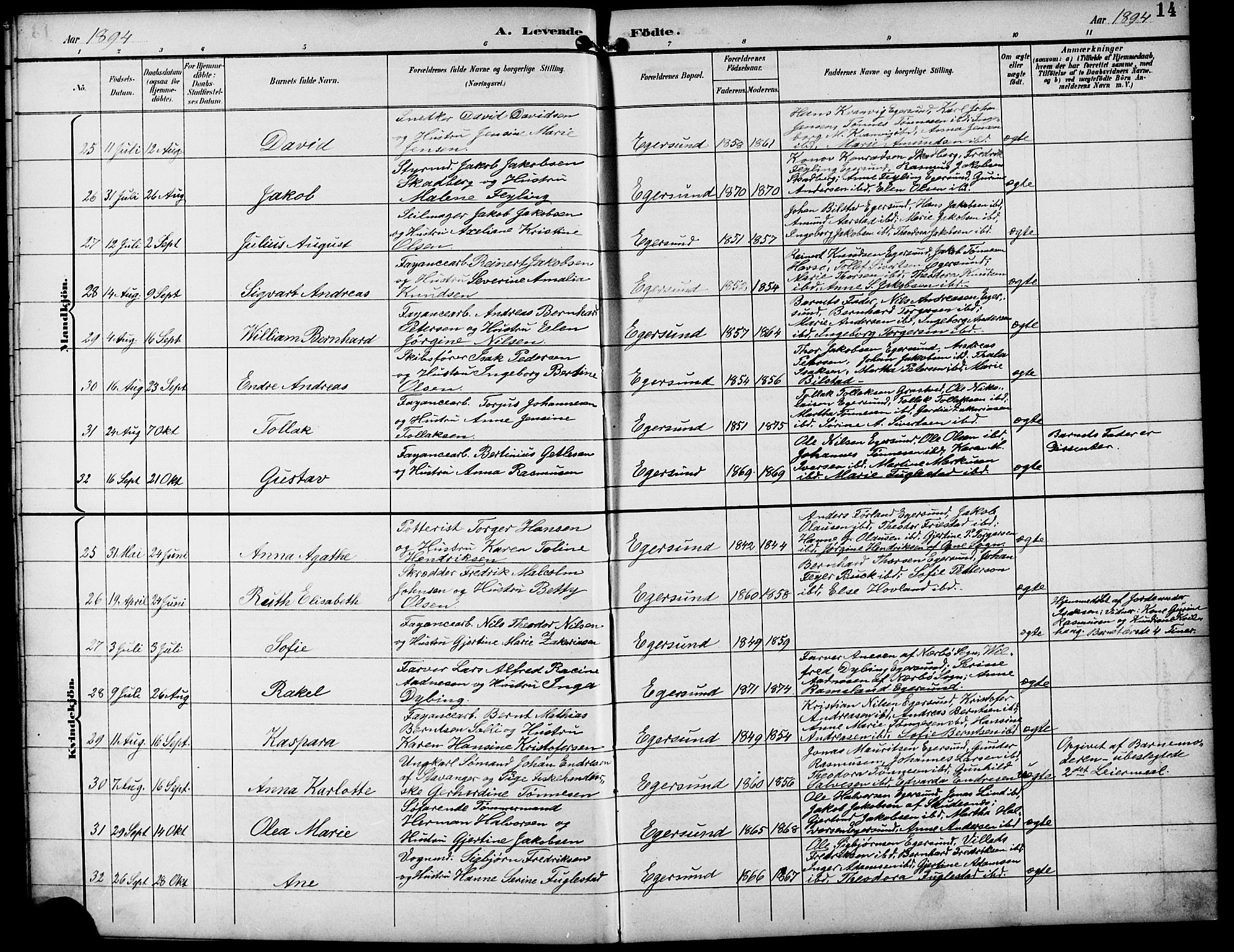 Eigersund sokneprestkontor, AV/SAST-A-101807/S09/L0010: Parish register (copy) no. B 10, 1893-1907, p. 14