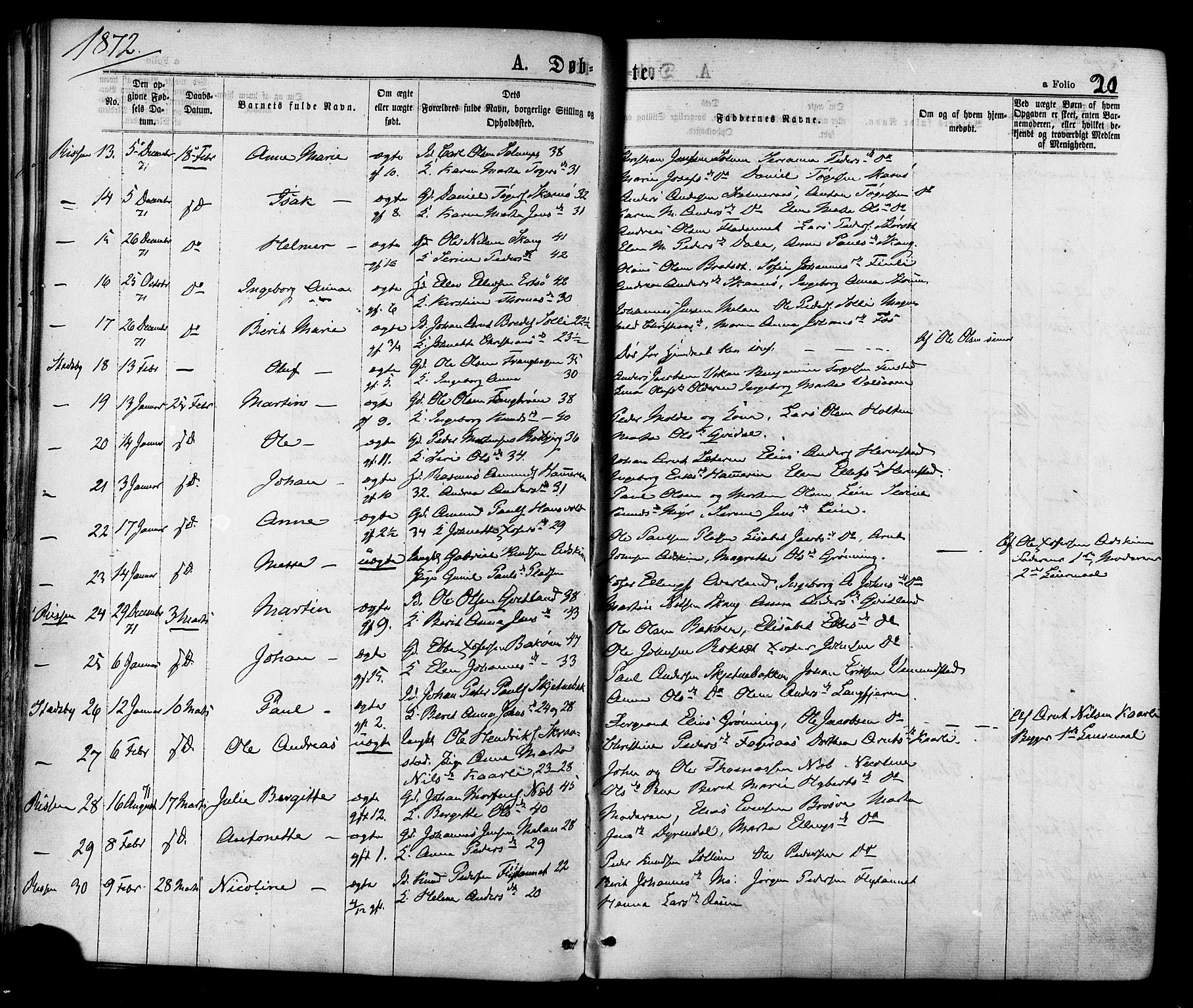Ministerialprotokoller, klokkerbøker og fødselsregistre - Sør-Trøndelag, SAT/A-1456/646/L0613: Parish register (official) no. 646A11, 1870-1884, p. 20