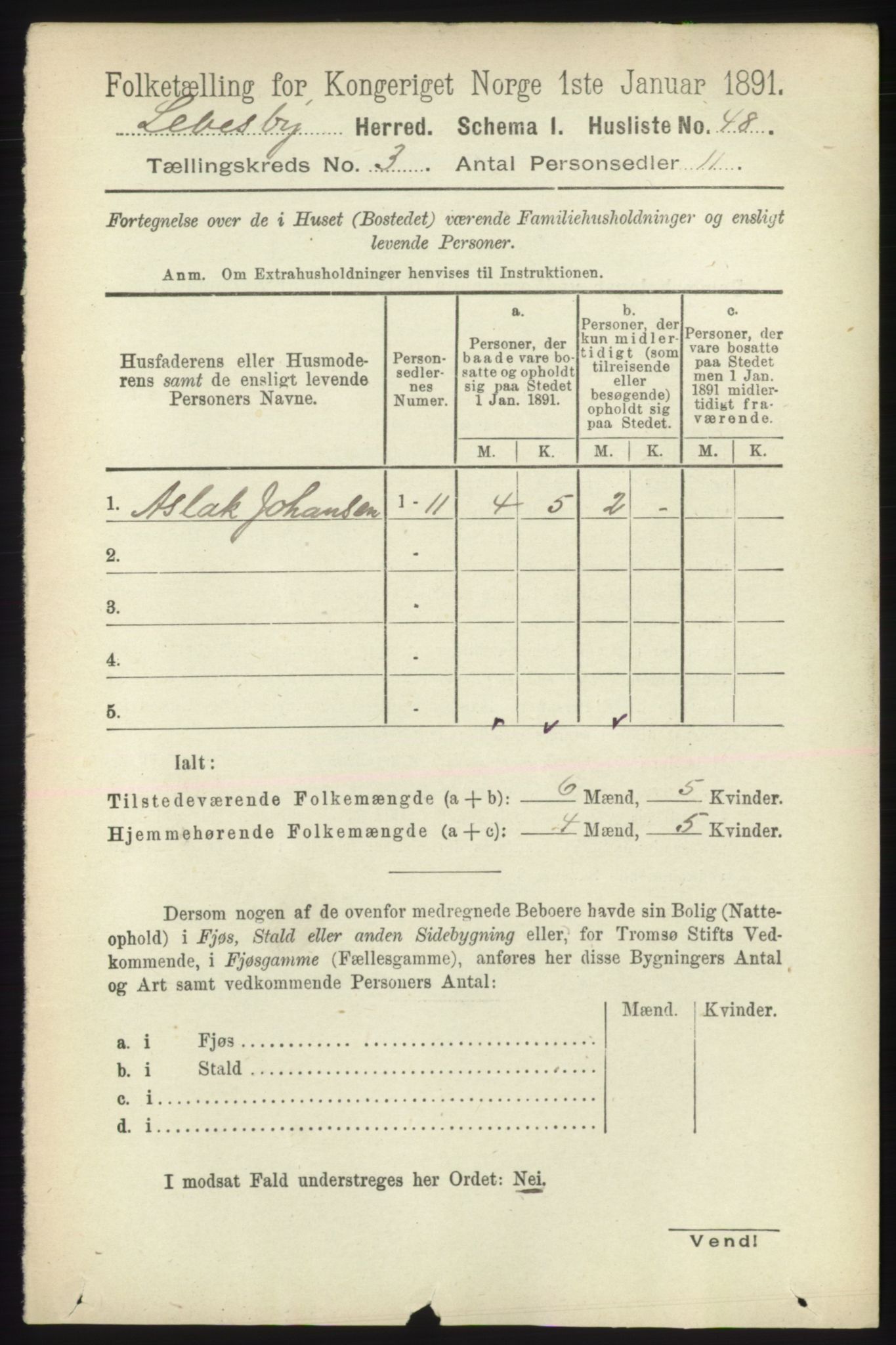 RA, 1891 census for 2022 Lebesby, 1891, p. 725