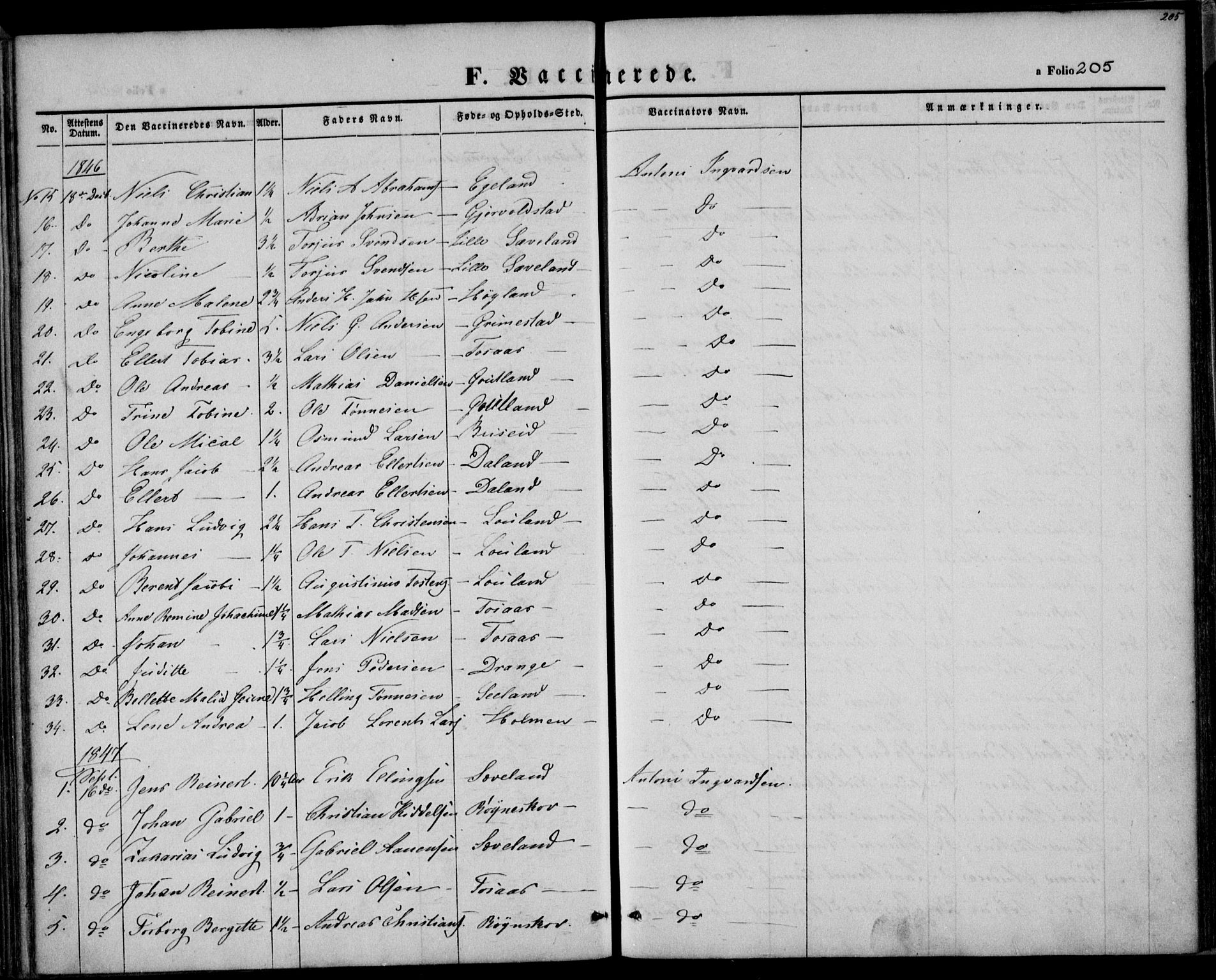 Herad sokneprestkontor, SAK/1111-0018/F/Fa/Faa/L0004: Parish register (official) no. A 4, 1844-1853, p. 205