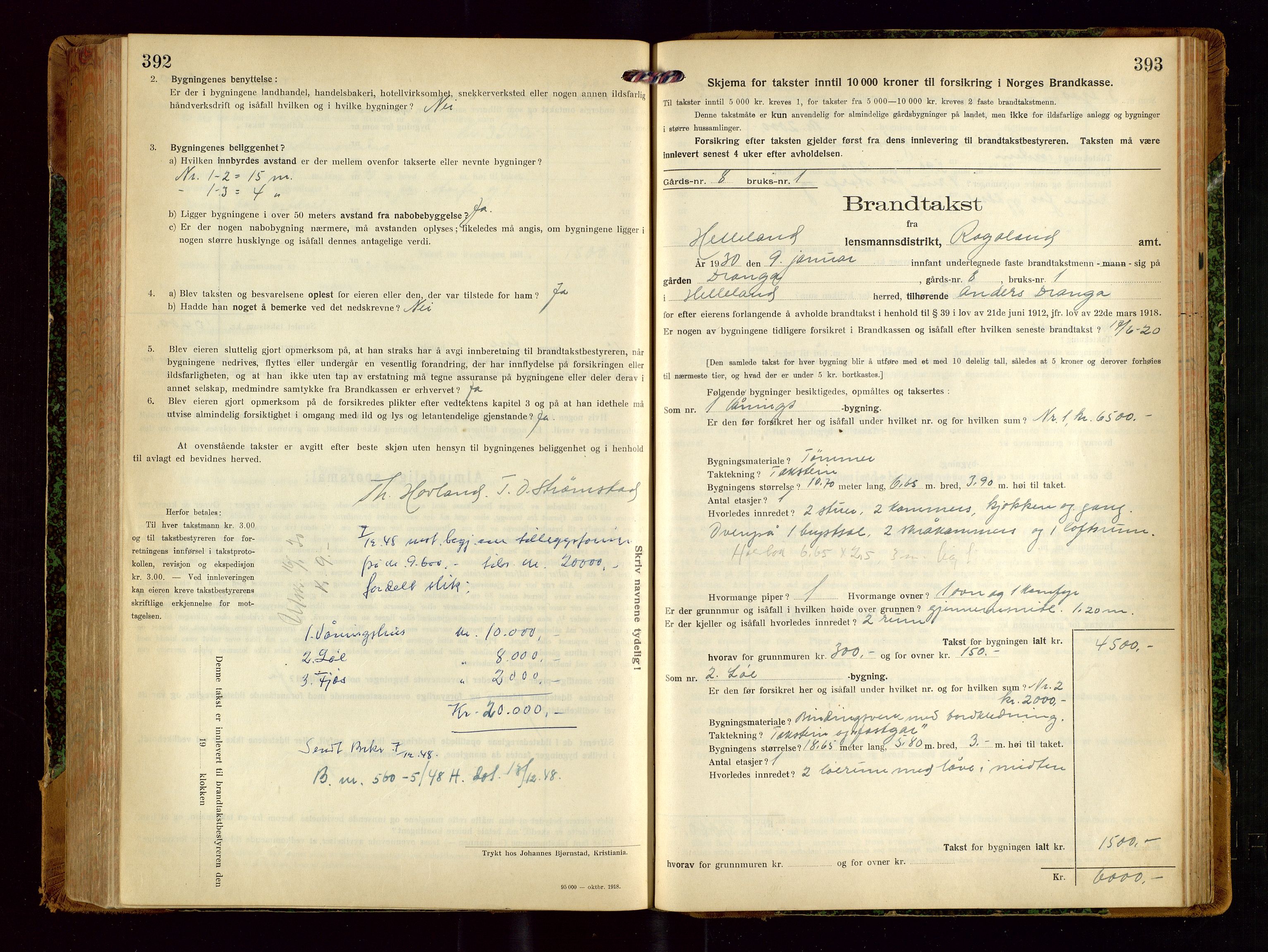 Helleland lensmannskontor, AV/SAST-A-100209/Gob/L0002: "Brandtakstprotokoll", 1921-1930, p. 392-393