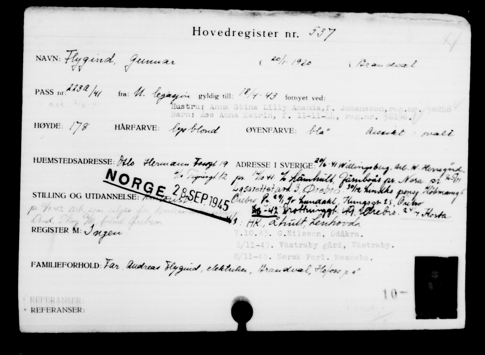 Utenriksstasjonene, Legasjonen i Stockholm, Flyktningkontoret, AV/RA-S-6753/V/Va/L0001: Kjesäterkartoteket, flyktninger med registreringsnr. 1-1000, 1940-1945, p. 833