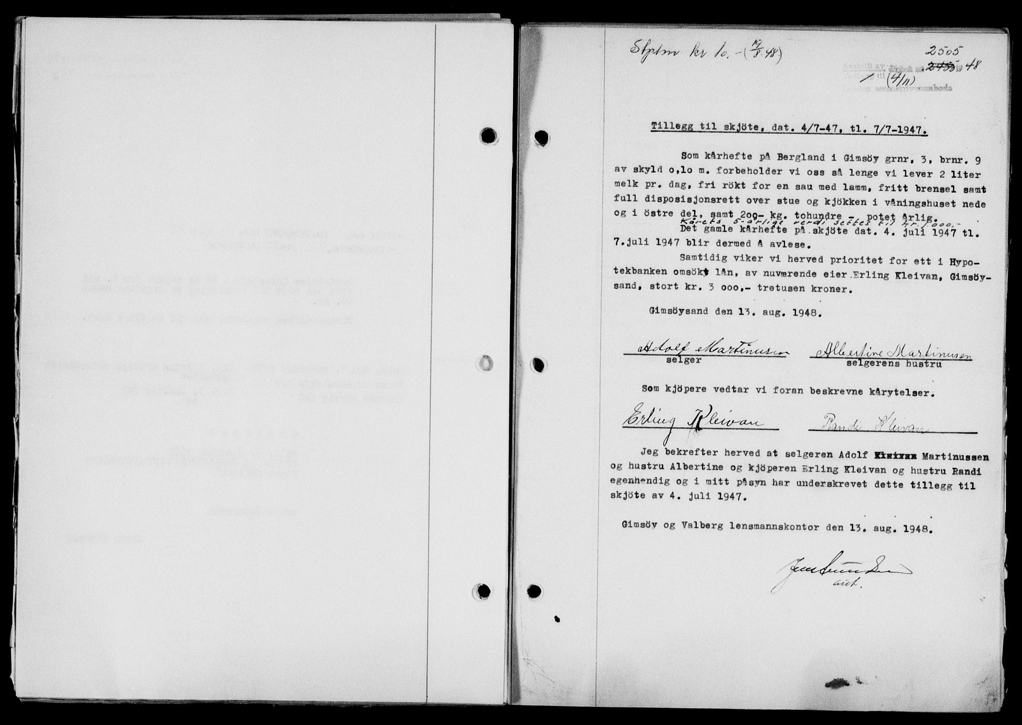 Lofoten sorenskriveri, SAT/A-0017/1/2/2C/L0019a: Mortgage book no. 19a, 1948-1948, Diary no: : 2505/1948