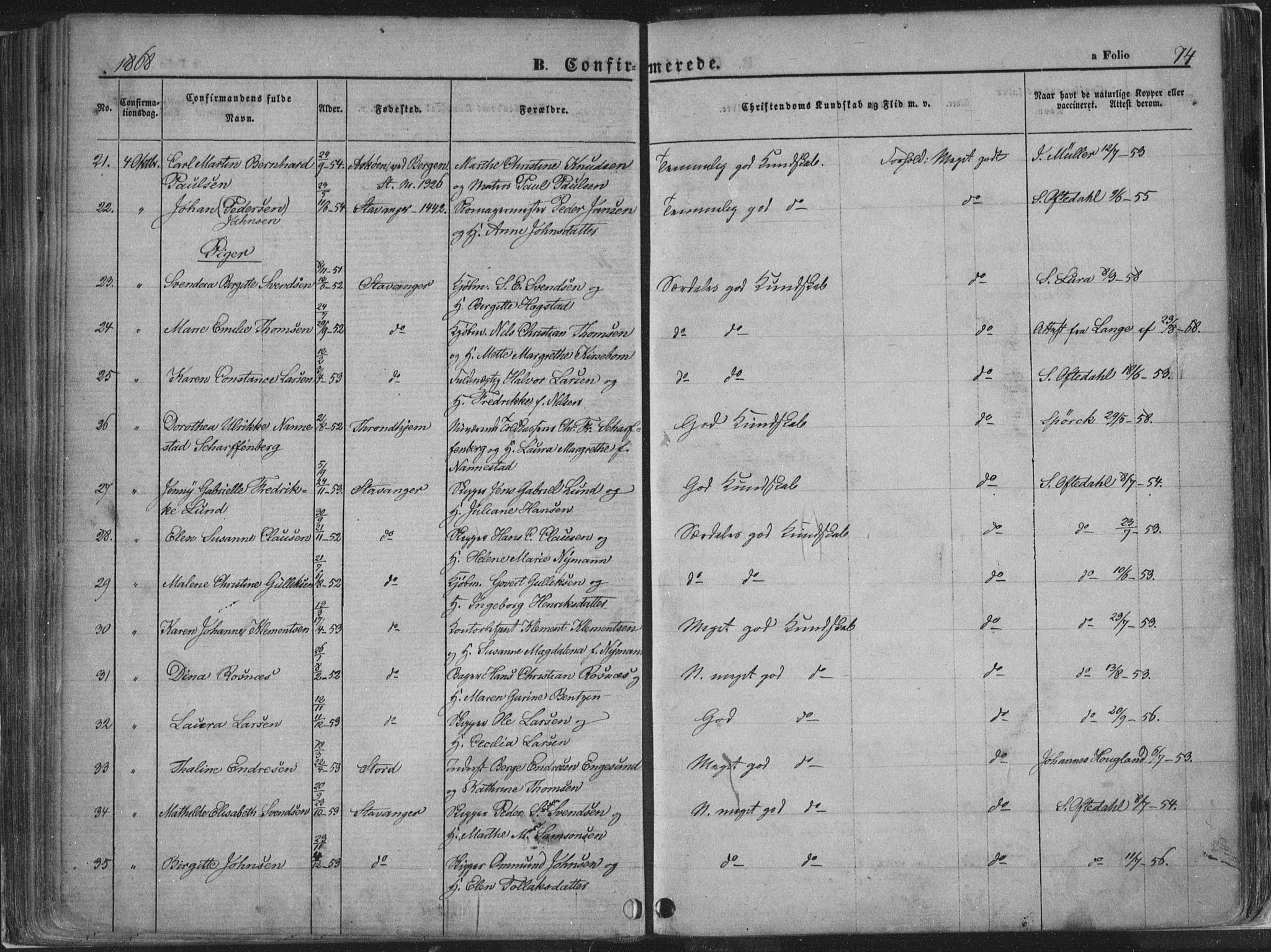 Domkirken sokneprestkontor, AV/SAST-A-101812/001/30/30BA/L0018: Parish register (official) no. A 17, 1857-1877, p. 74