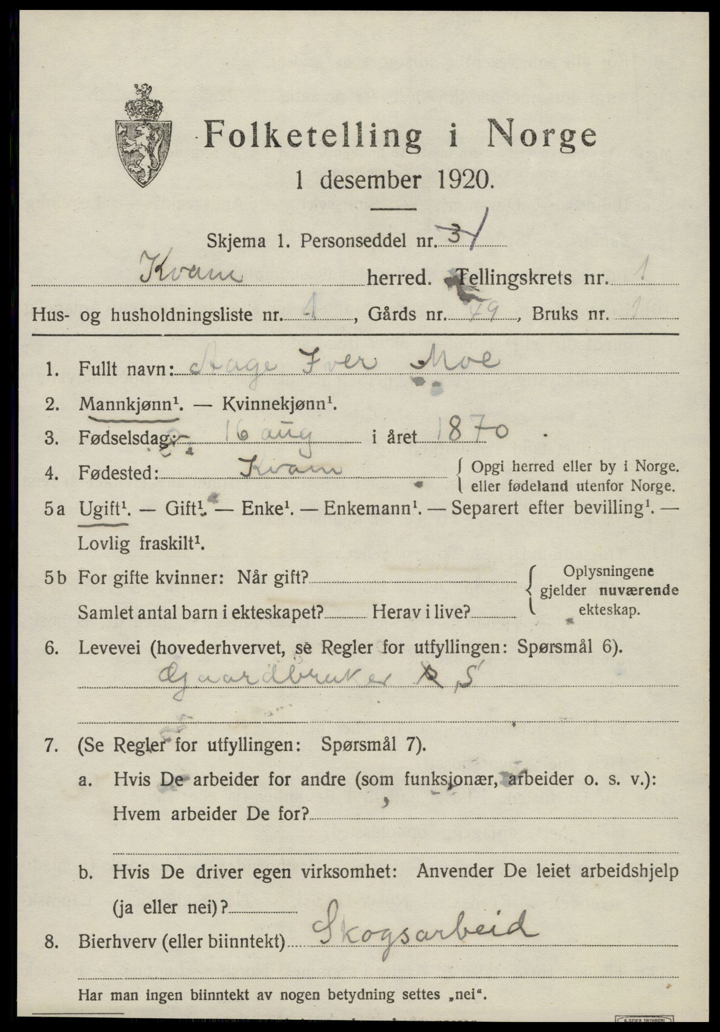 SAT, 1920 census for Kvam, 1920, p. 491