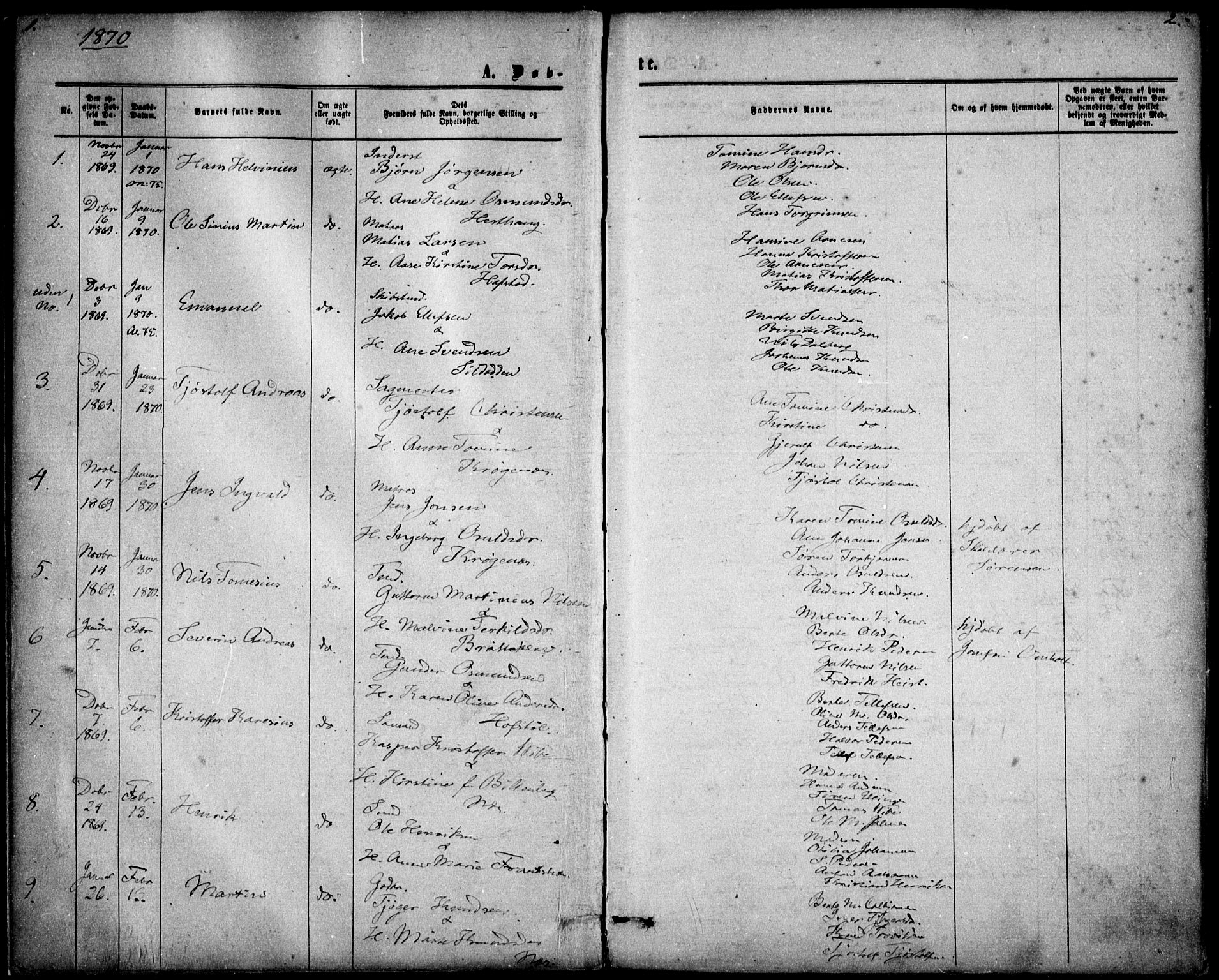 Tromøy sokneprestkontor, SAK/1111-0041/F/Fa/L0008: Parish register (official) no. A 8, 1870-1877, p. 1-2