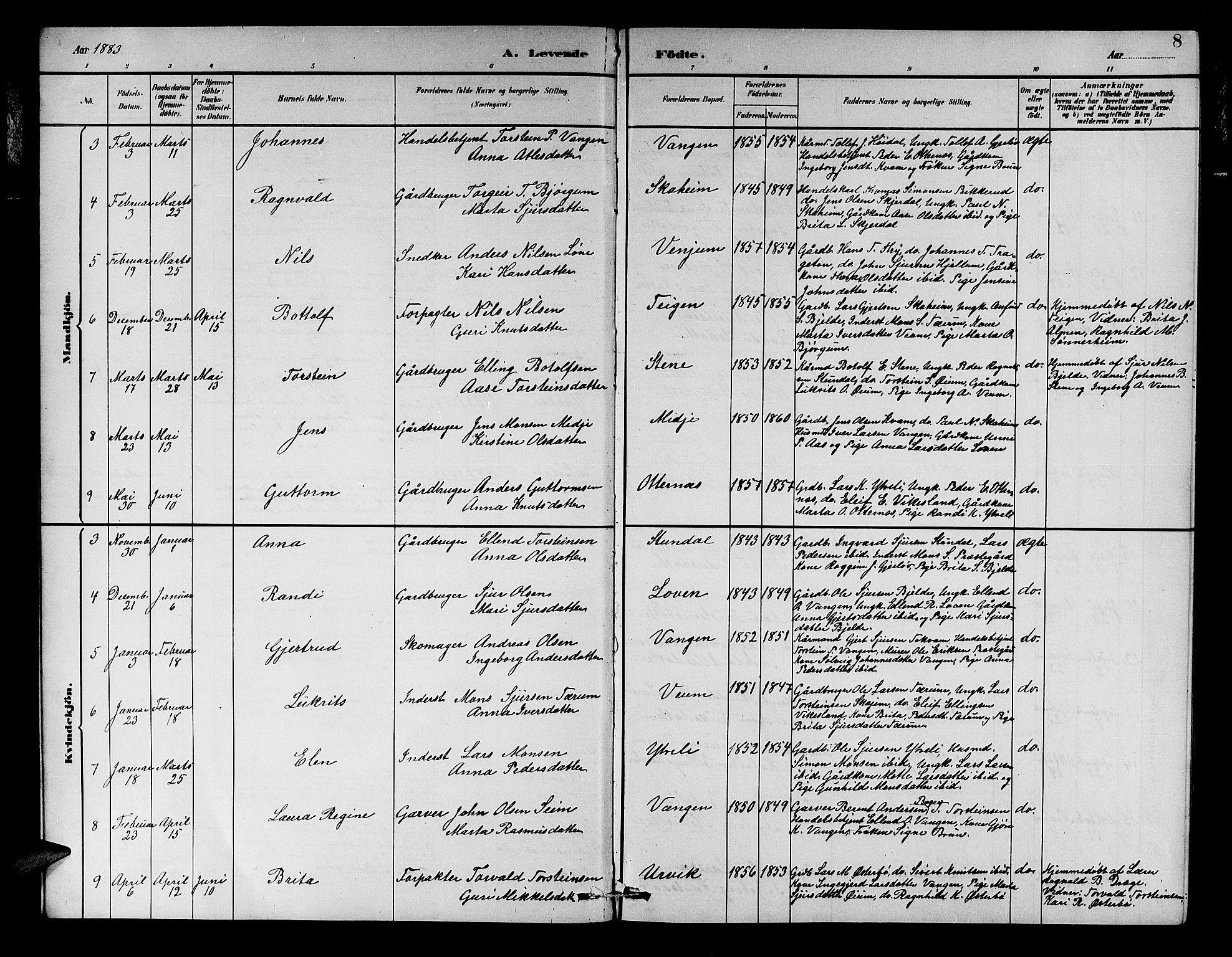 Aurland sokneprestembete, AV/SAB-A-99937/H/Hb/Hba/L0002: Parish register (copy) no. A 2, 1880-1895, p. 8