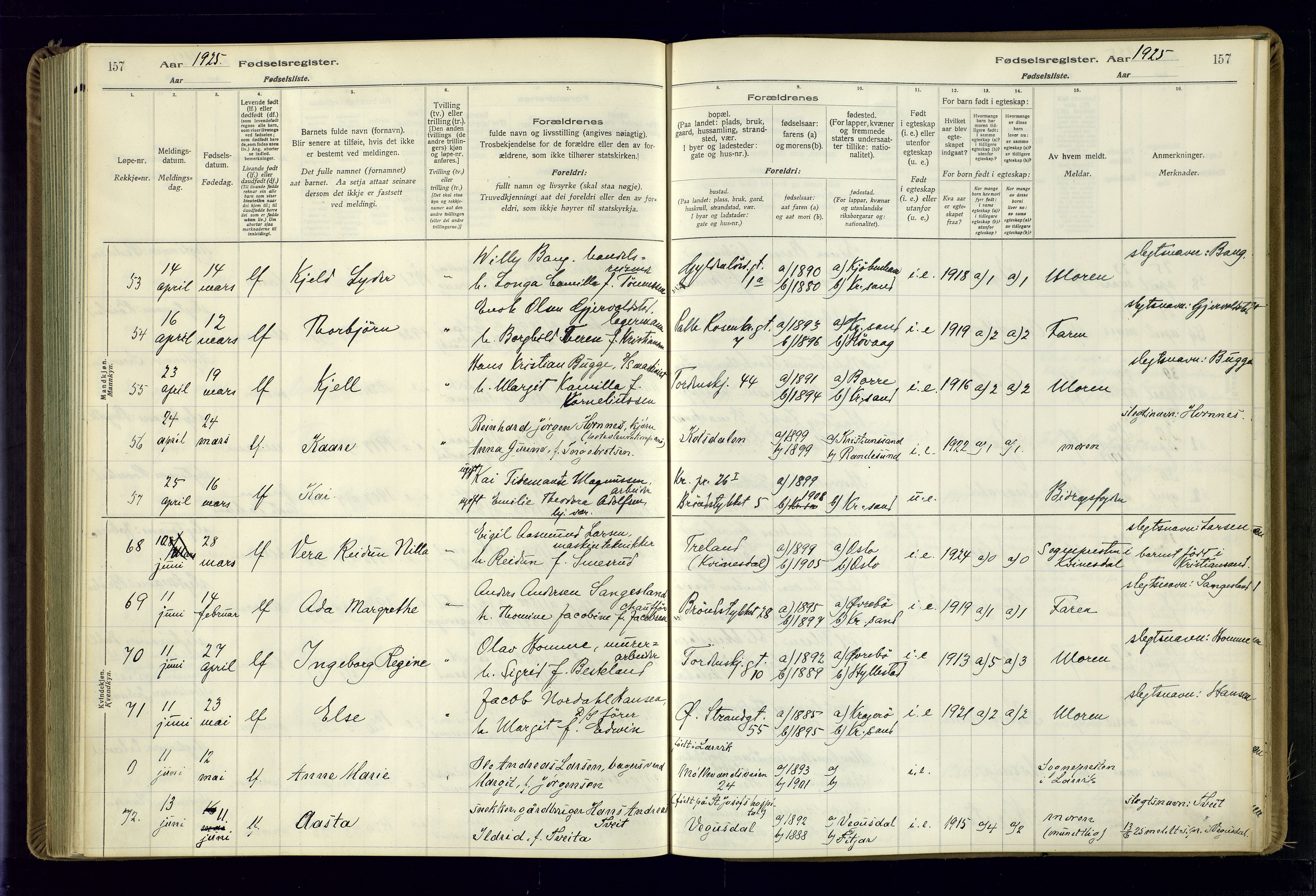 Kristiansand domprosti, AV/SAK-1112-0006/J/Jc/L0002: Birth register no. A-VI-46, 1921-1926, p. 157