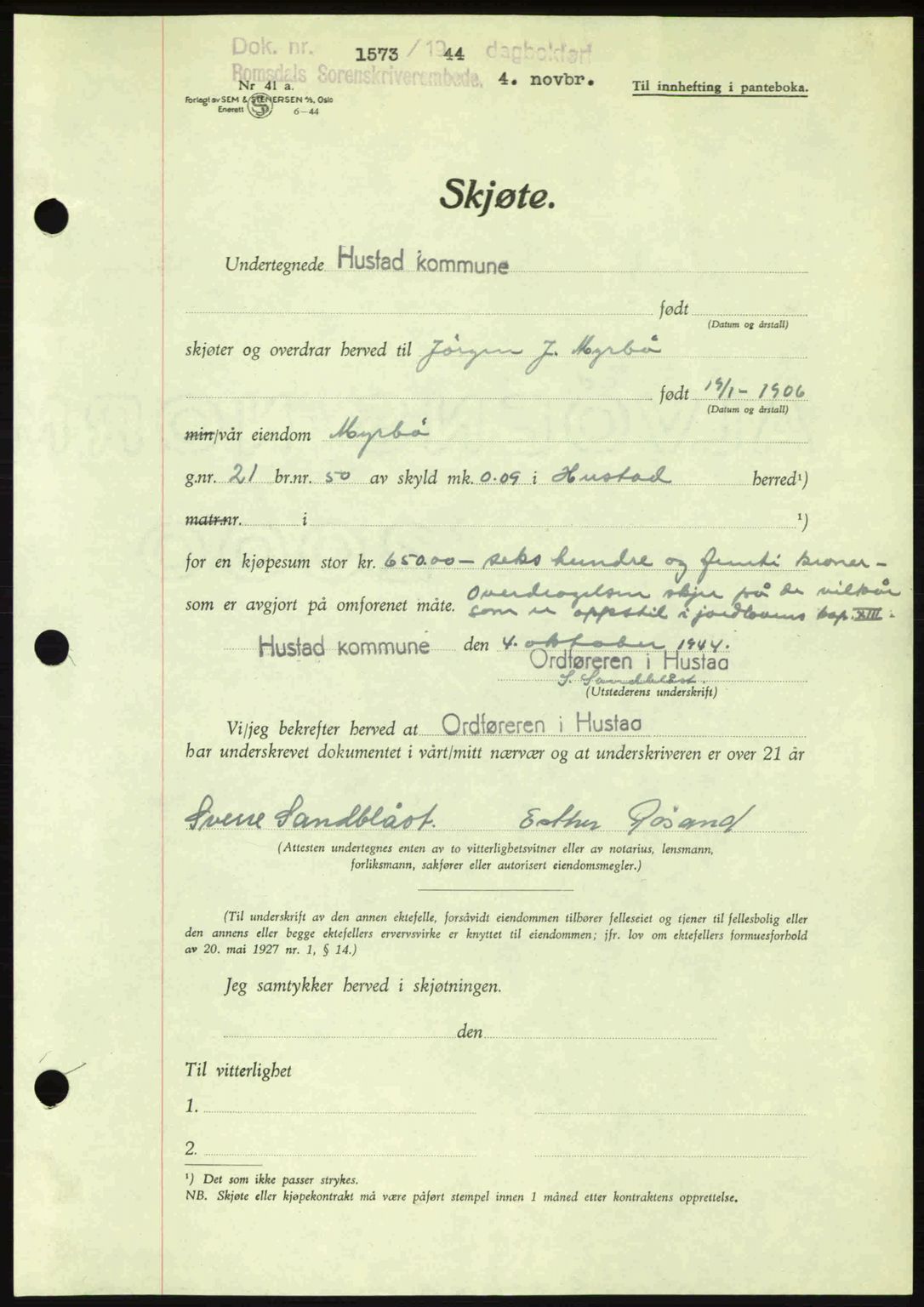 Romsdal sorenskriveri, AV/SAT-A-4149/1/2/2C: Mortgage book no. A17, 1944-1945, Diary no: : 1573/1944