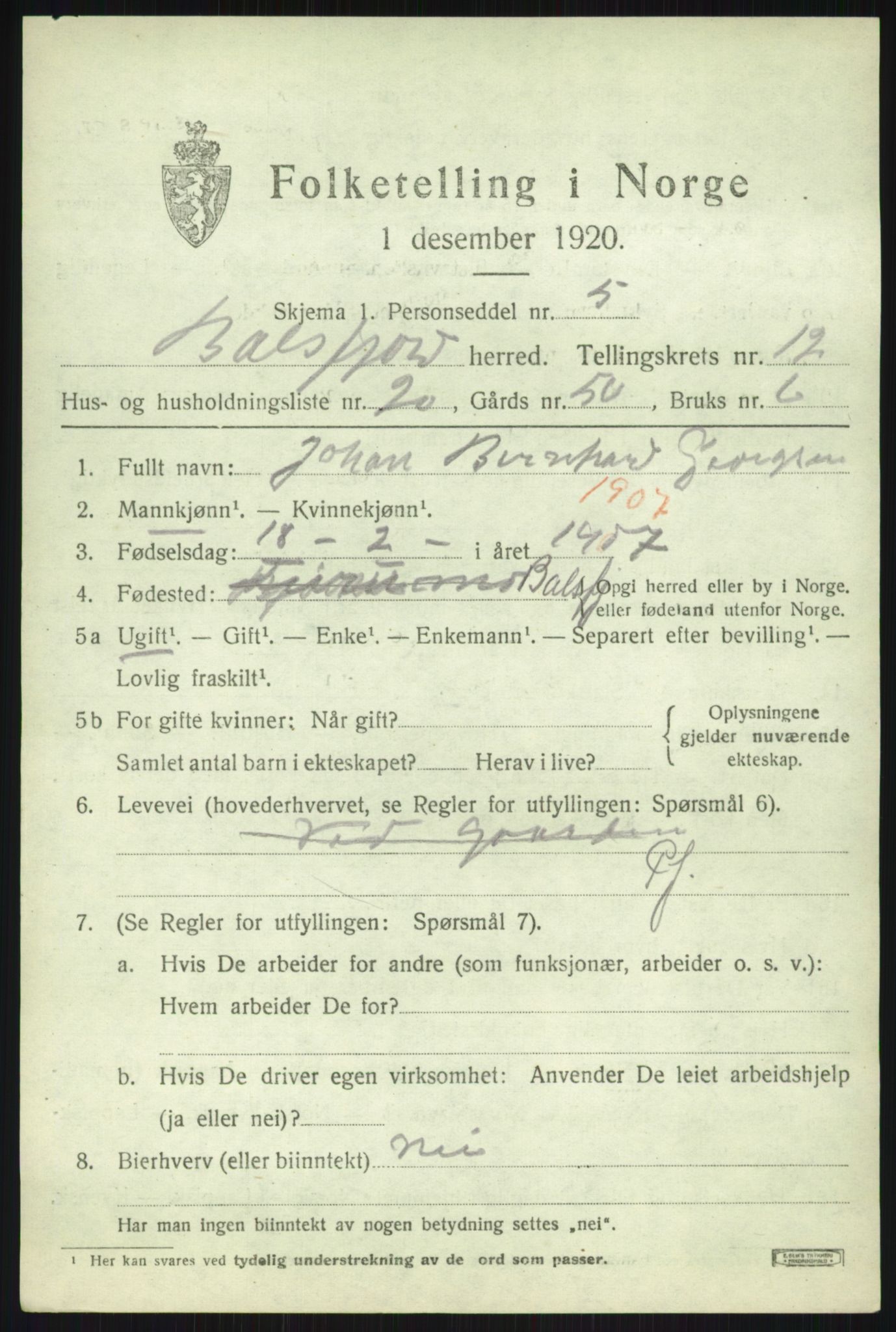 SATØ, 1920 census for Balsfjord, 1920, p. 7491