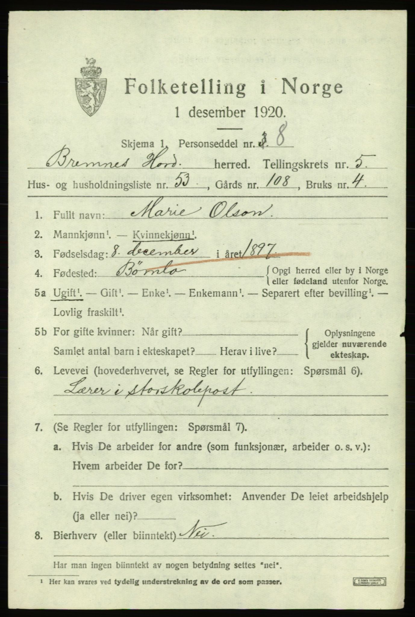 SAB, 1920 census for Bremnes, 1920, p. 3256