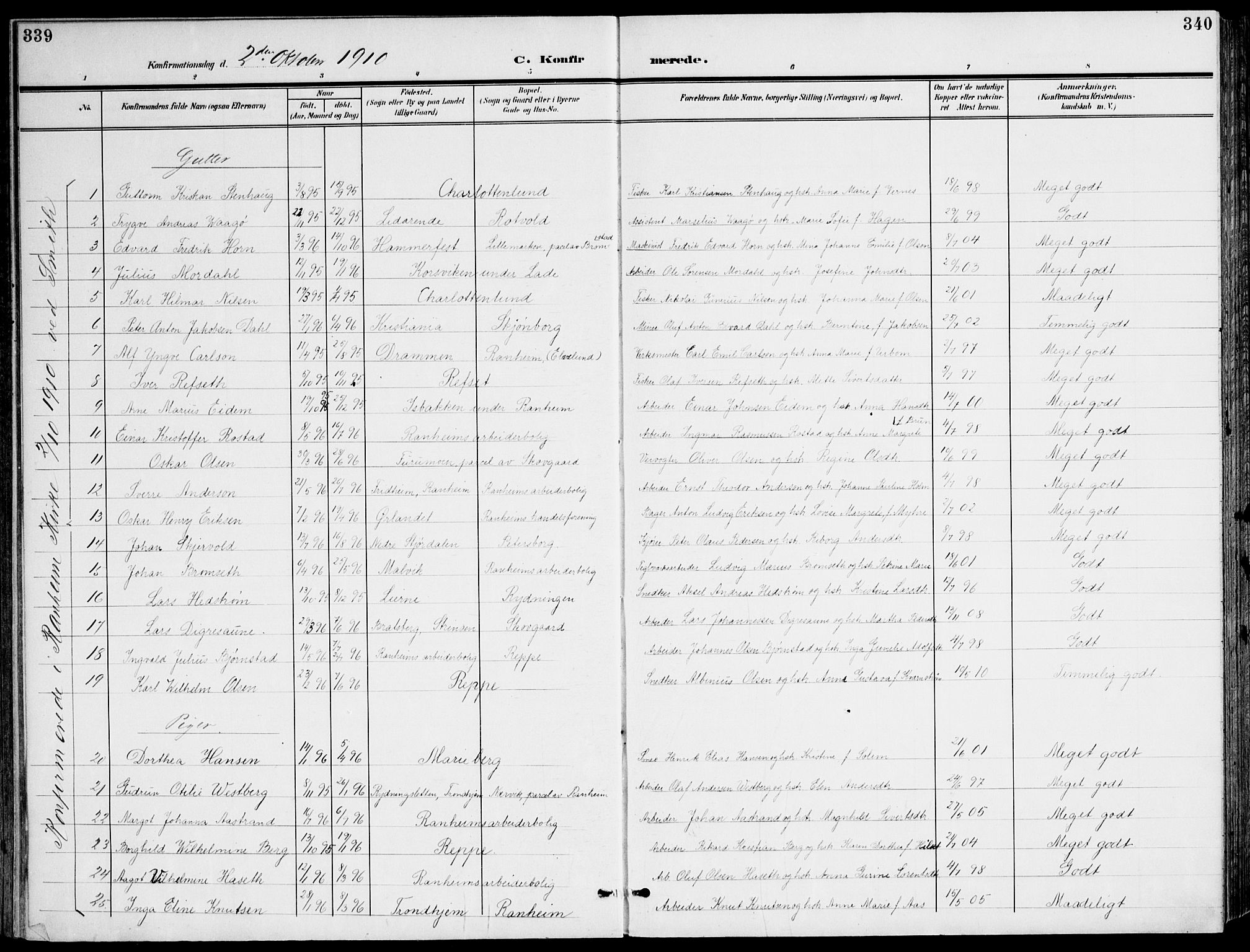 Ministerialprotokoller, klokkerbøker og fødselsregistre - Sør-Trøndelag, SAT/A-1456/607/L0320: Parish register (official) no. 607A04, 1907-1915, p. 339-340