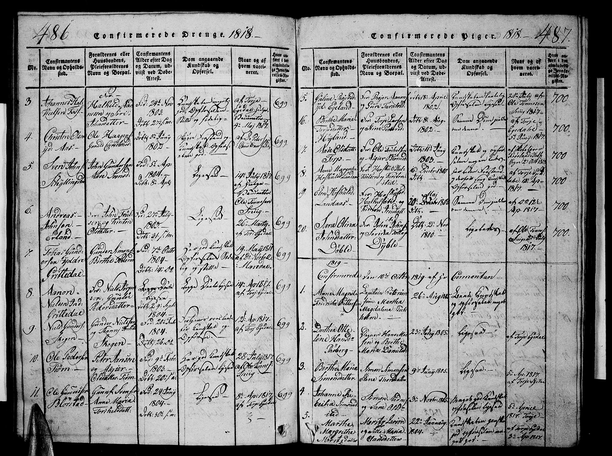 Sør-Audnedal sokneprestkontor, AV/SAK-1111-0039/F/Fb/Fbb/L0001: Parish register (copy) no. B 1, 1815-1827, p. 486-487