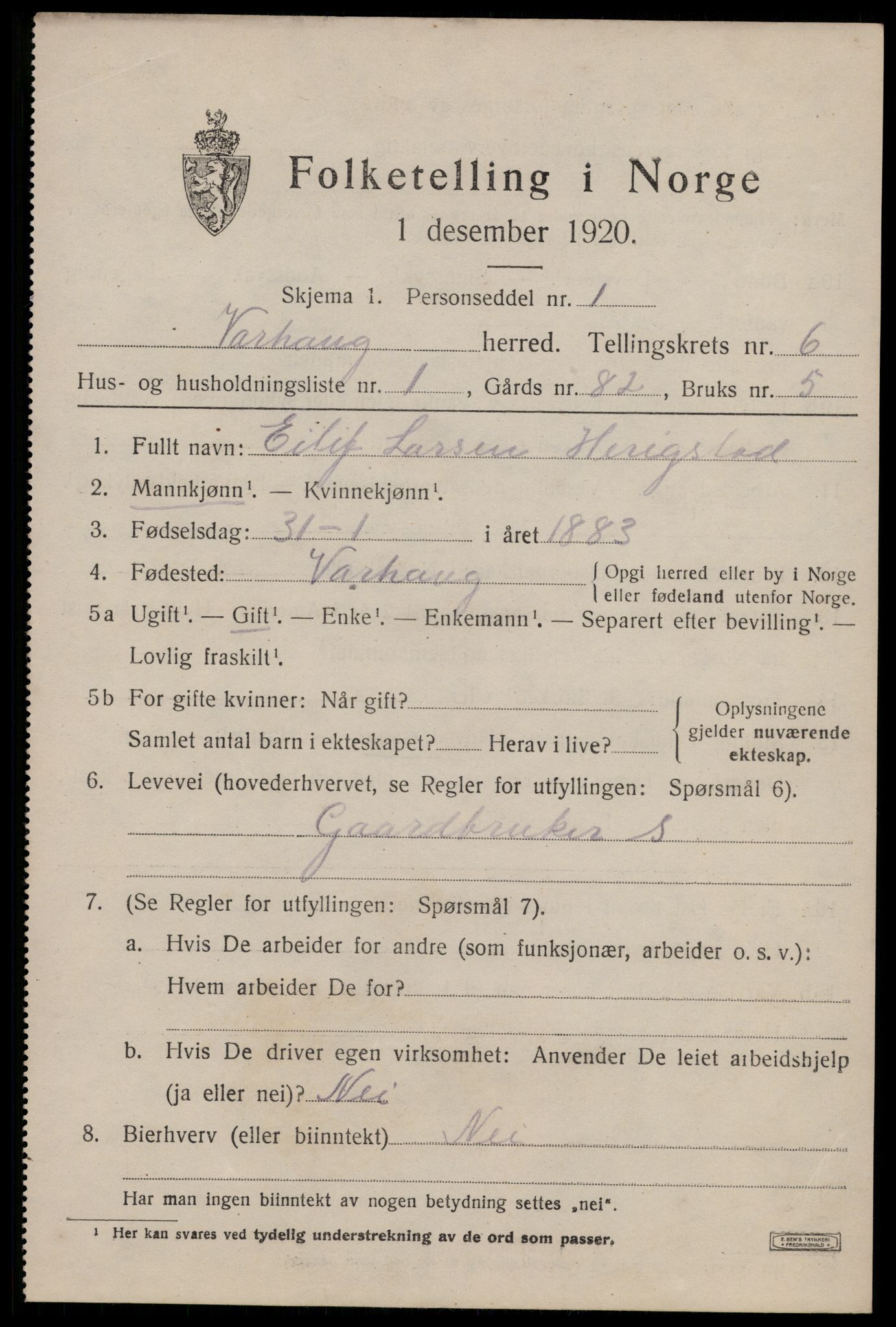 SAST, 1920 census for Varhaug, 1920, p. 5079