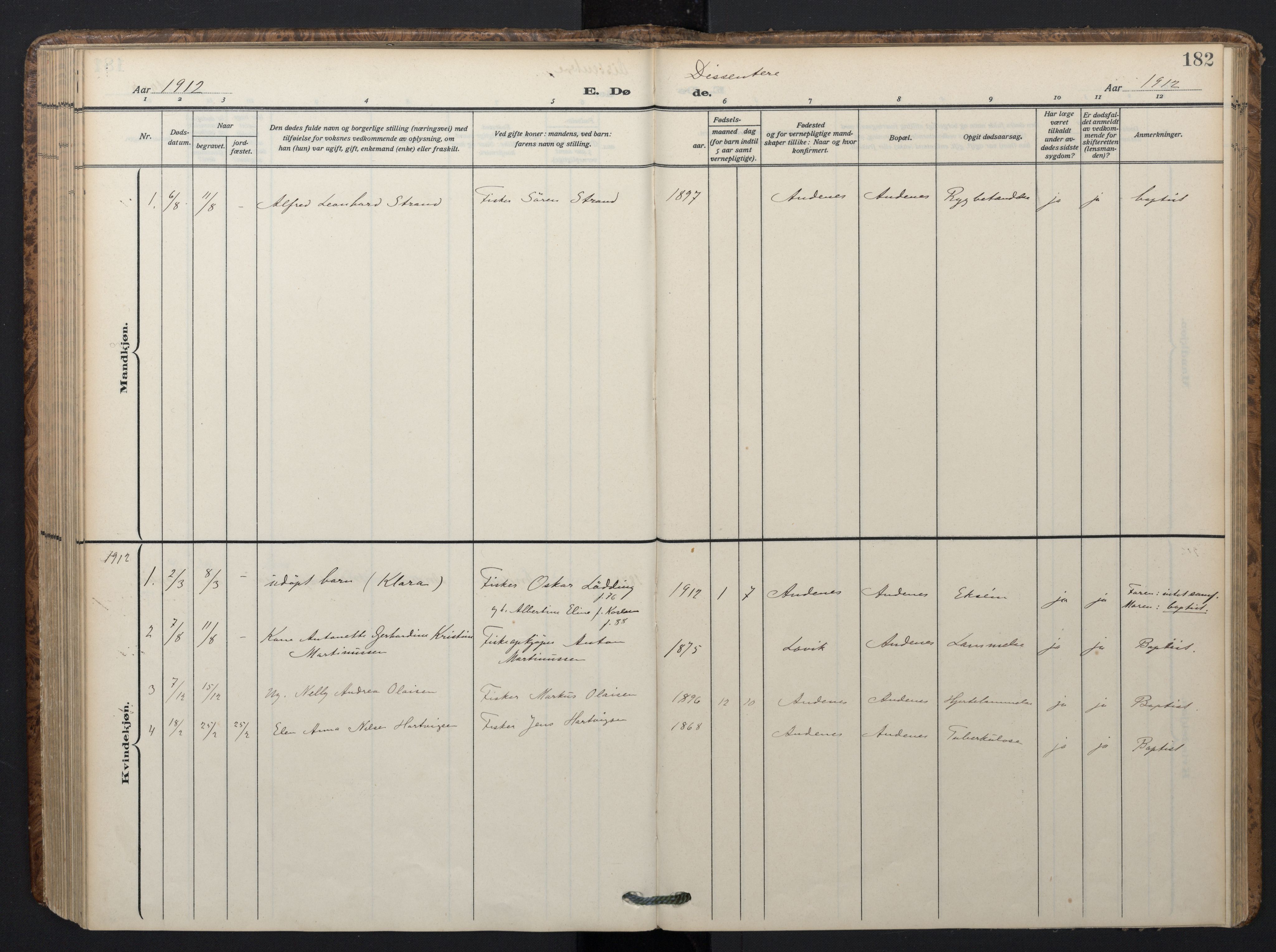 Ministerialprotokoller, klokkerbøker og fødselsregistre - Nordland, SAT/A-1459/899/L1438: Parish register (official) no. 899A06, 1909-1922, p. 182