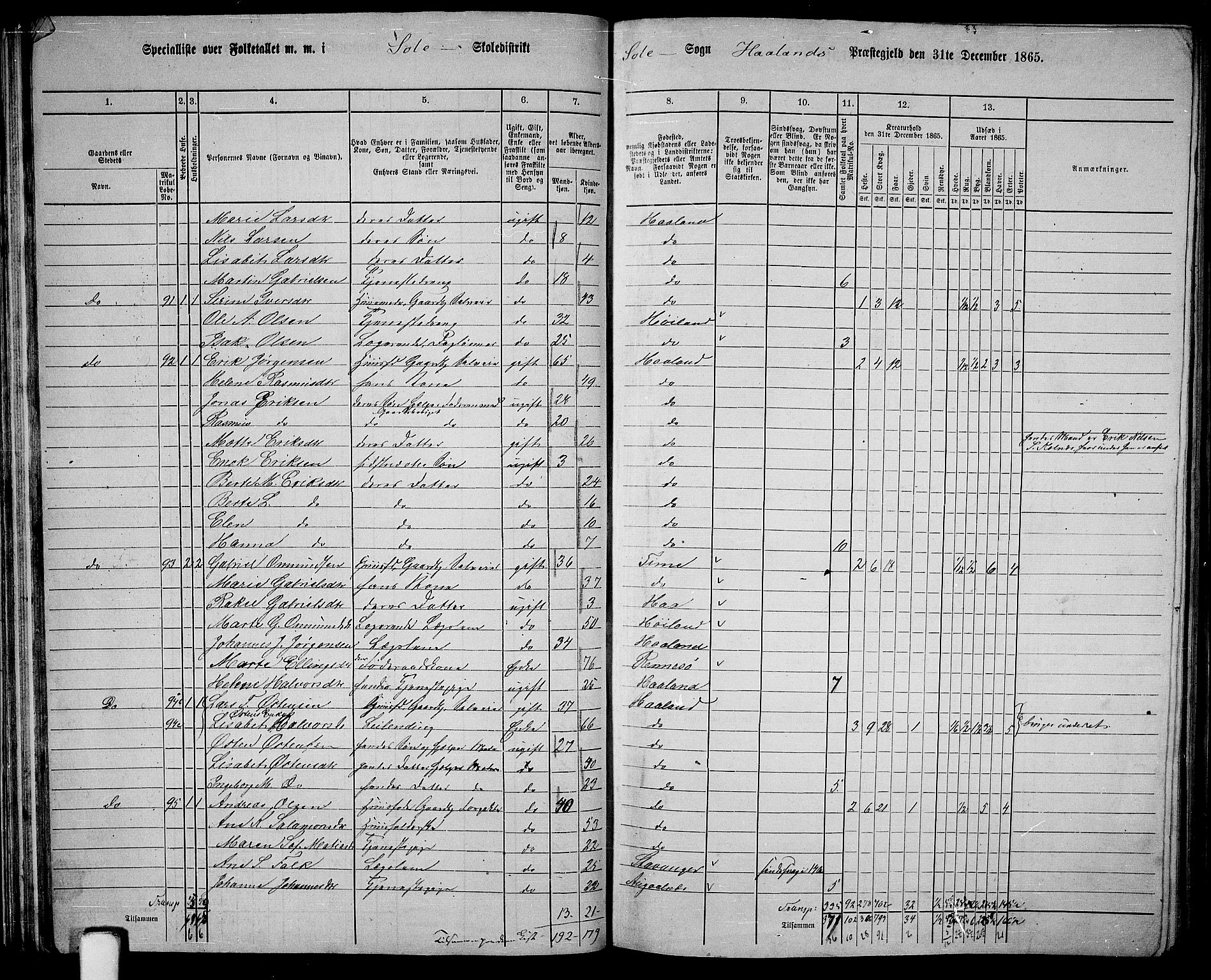 RA, 1865 census for Håland, 1865, p. 46