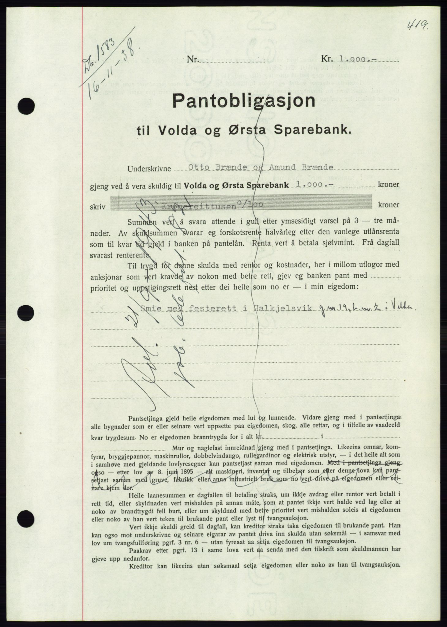 Søre Sunnmøre sorenskriveri, AV/SAT-A-4122/1/2/2C/L0066: Mortgage book no. 60, 1938-1938, Diary no: : 1583/1938