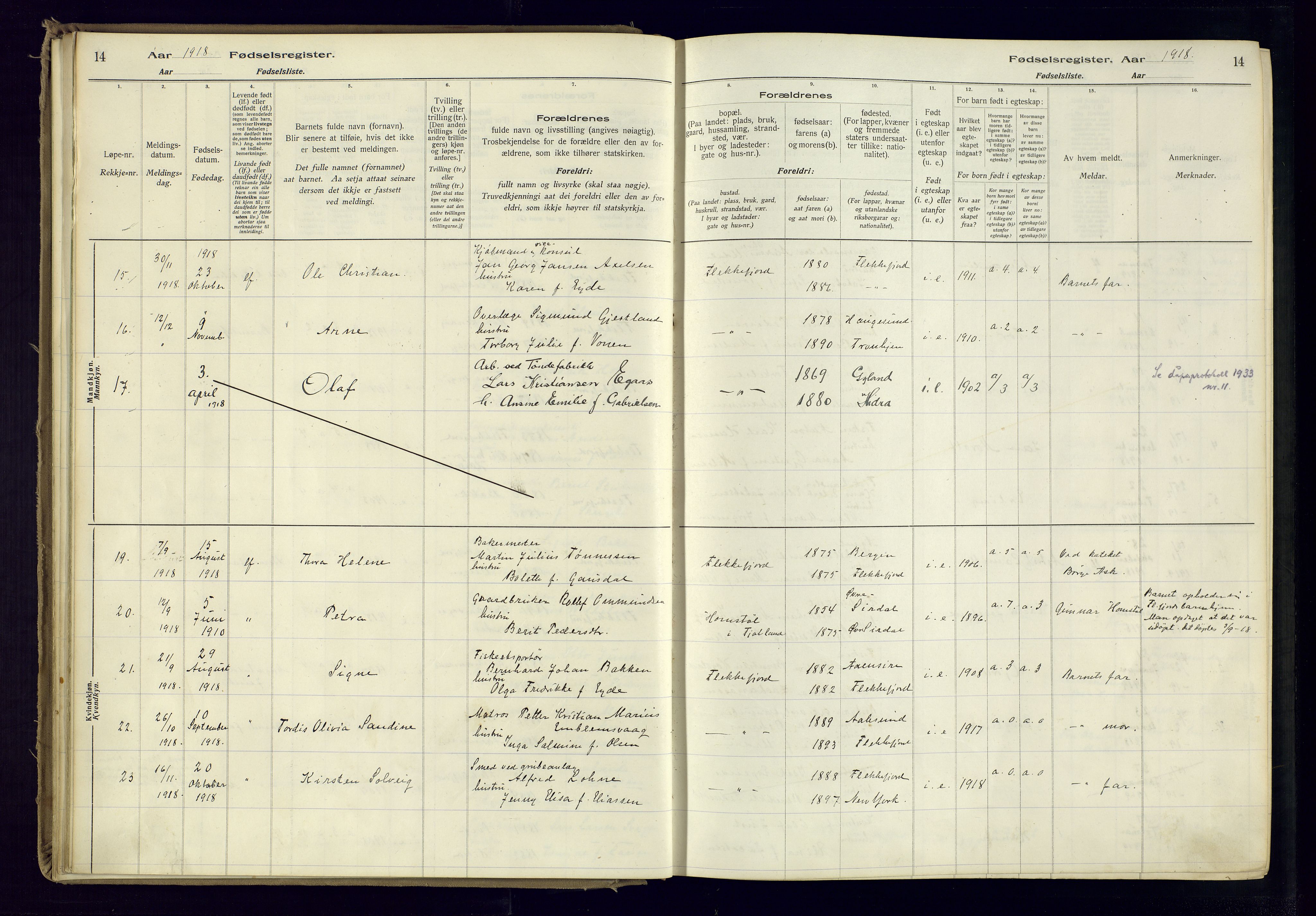 Flekkefjord sokneprestkontor, AV/SAK-1111-0012/J/Ja/L0001: Birth register no. 1, 1916-1948, p. 14