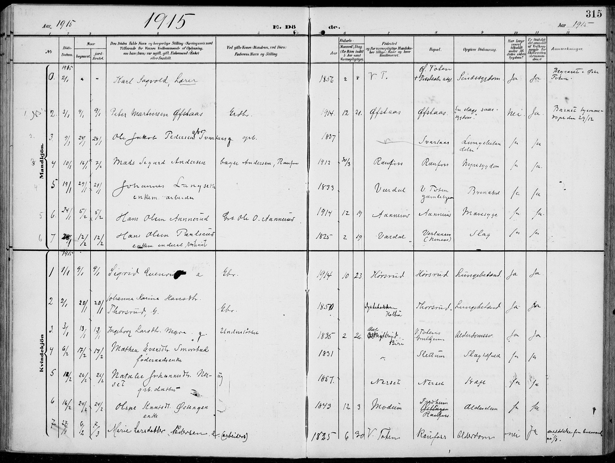 Vestre Toten prestekontor, SAH/PREST-108/H/Ha/Haa/L0014: Parish register (official) no. 14, 1907-1920, p. 315