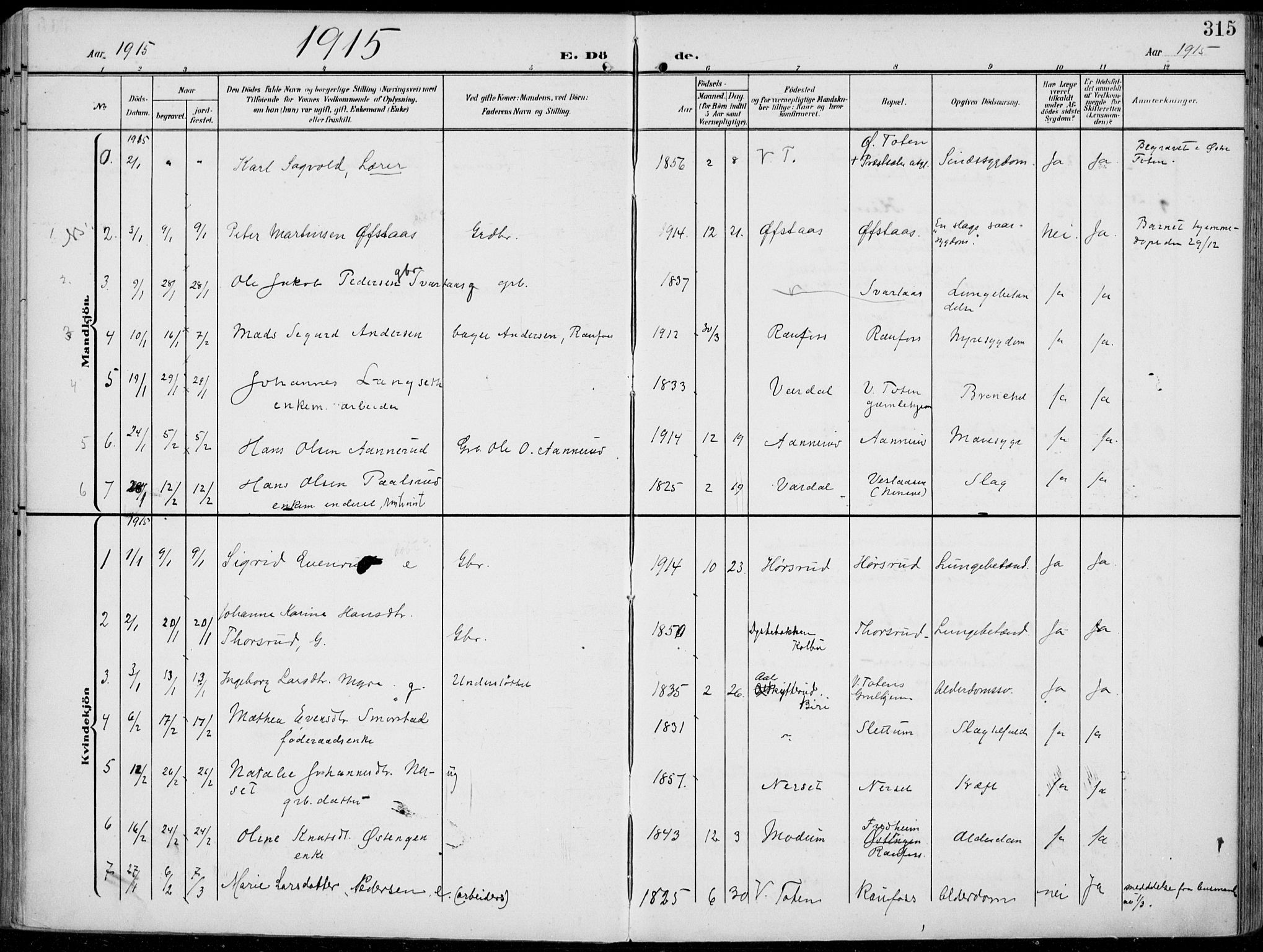 Vestre Toten prestekontor, AV/SAH-PREST-108/H/Ha/Haa/L0014: Parish register (official) no. 14, 1907-1920, p. 315