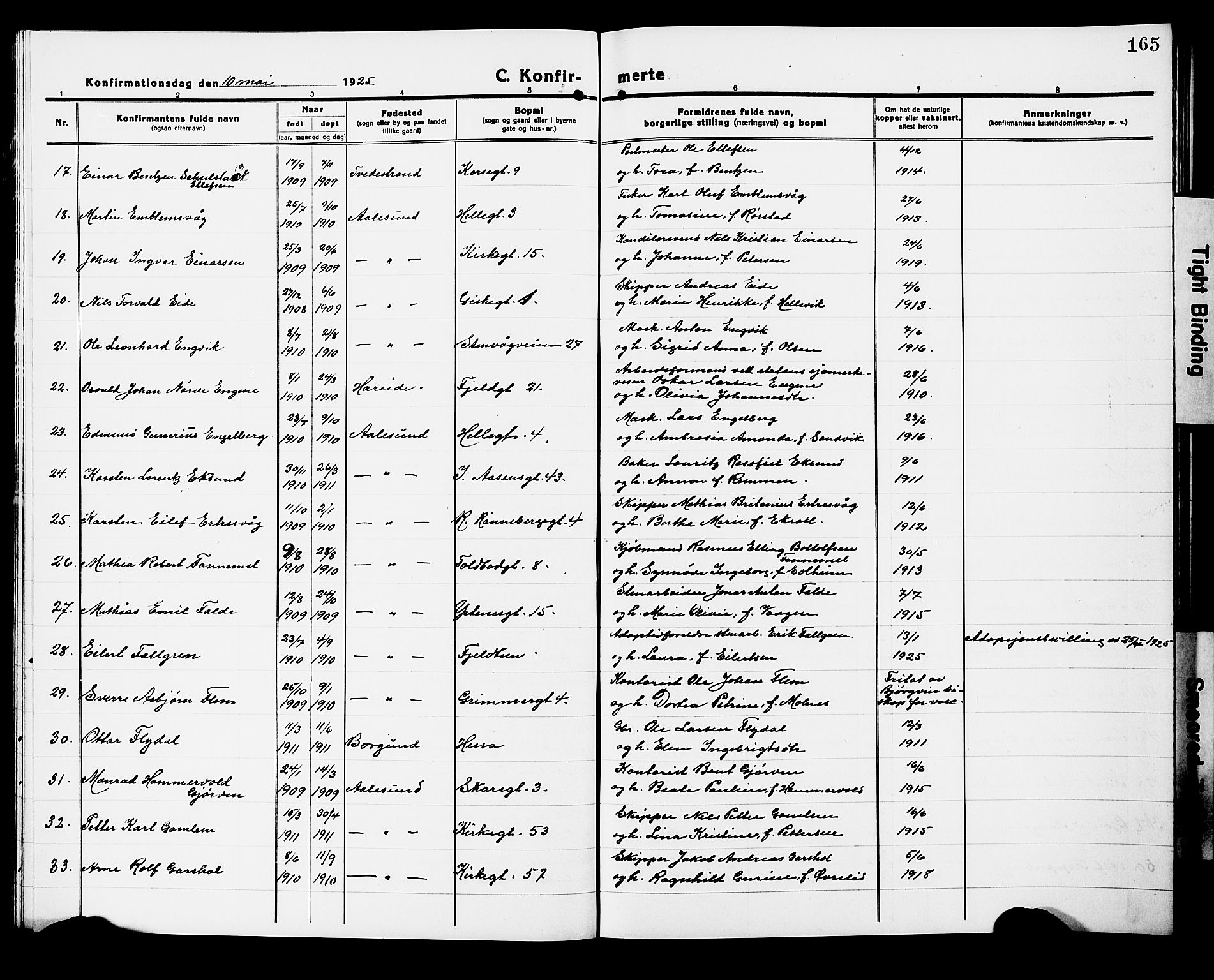 Ministerialprotokoller, klokkerbøker og fødselsregistre - Møre og Romsdal, AV/SAT-A-1454/529/L0472: Parish register (copy) no. 529C09, 1917-1929, p. 165