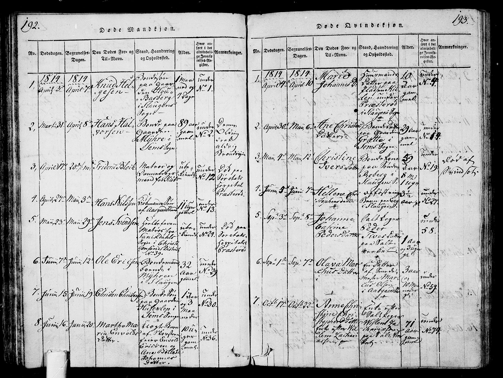 Sem kirkebøker, SAKO/A-5/G/Ga/L0001: Parish register (copy) no. I 1, 1814-1825, p. 192-193