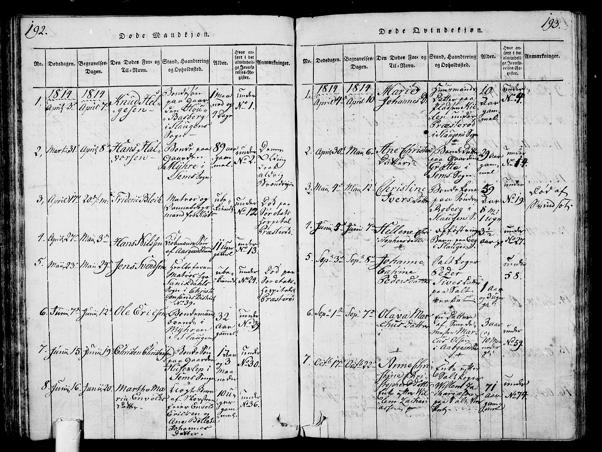 Sem kirkebøker, AV/SAKO-A-5/G/Ga/L0001: Parish register (copy) no. I 1, 1814-1825, p. 192-193