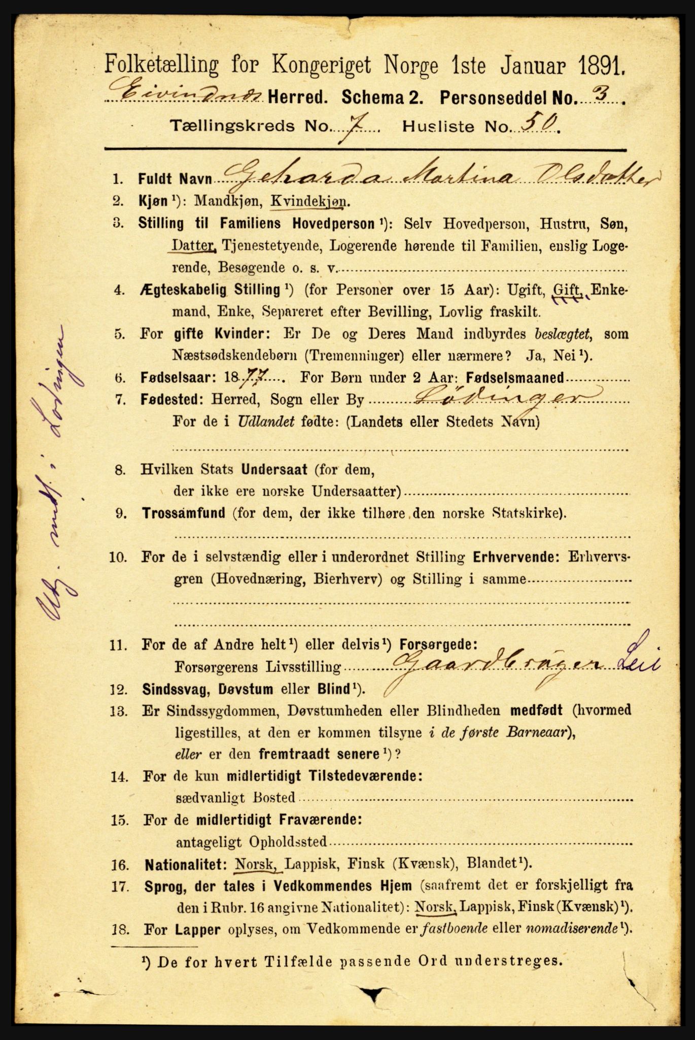 RA, 1891 census for 1853 Evenes, 1891, p. 2469