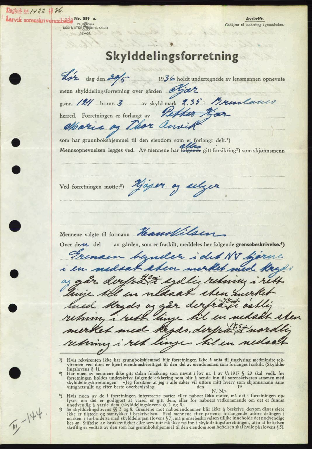 Larvik sorenskriveri, SAKO/A-83/G/Ga/Gab/L0067: Mortgage book no. A-1, 1936-1937, Diary no: : 1422/1936