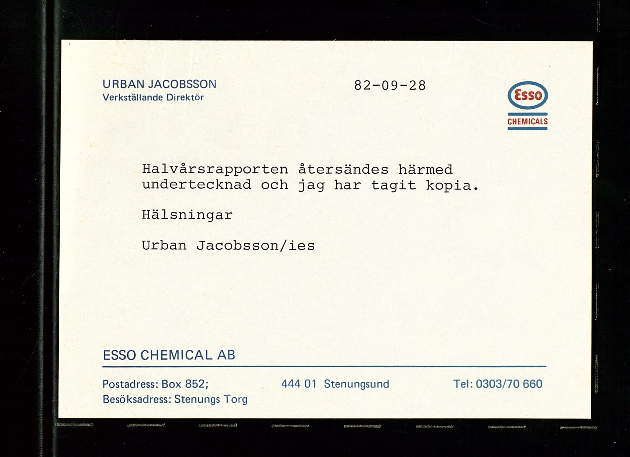 PA 1538 - Exxon Chemical Norge A/S, SAST/A-101958/A/Aa/L0002/0001: Styredokumenter / Halvårsrapporter 1983-1984, Generalforsamling, Styremøter og halvårsrapporter 1985-1988, 1983-1988