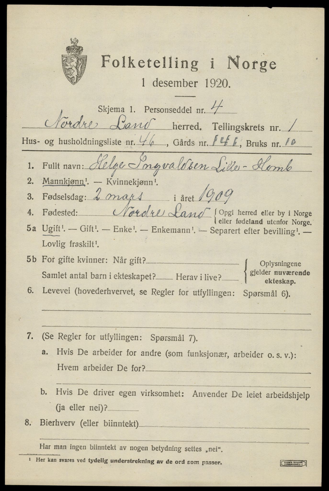 SAH, 1920 census for Nordre Land, 1920, p. 1644