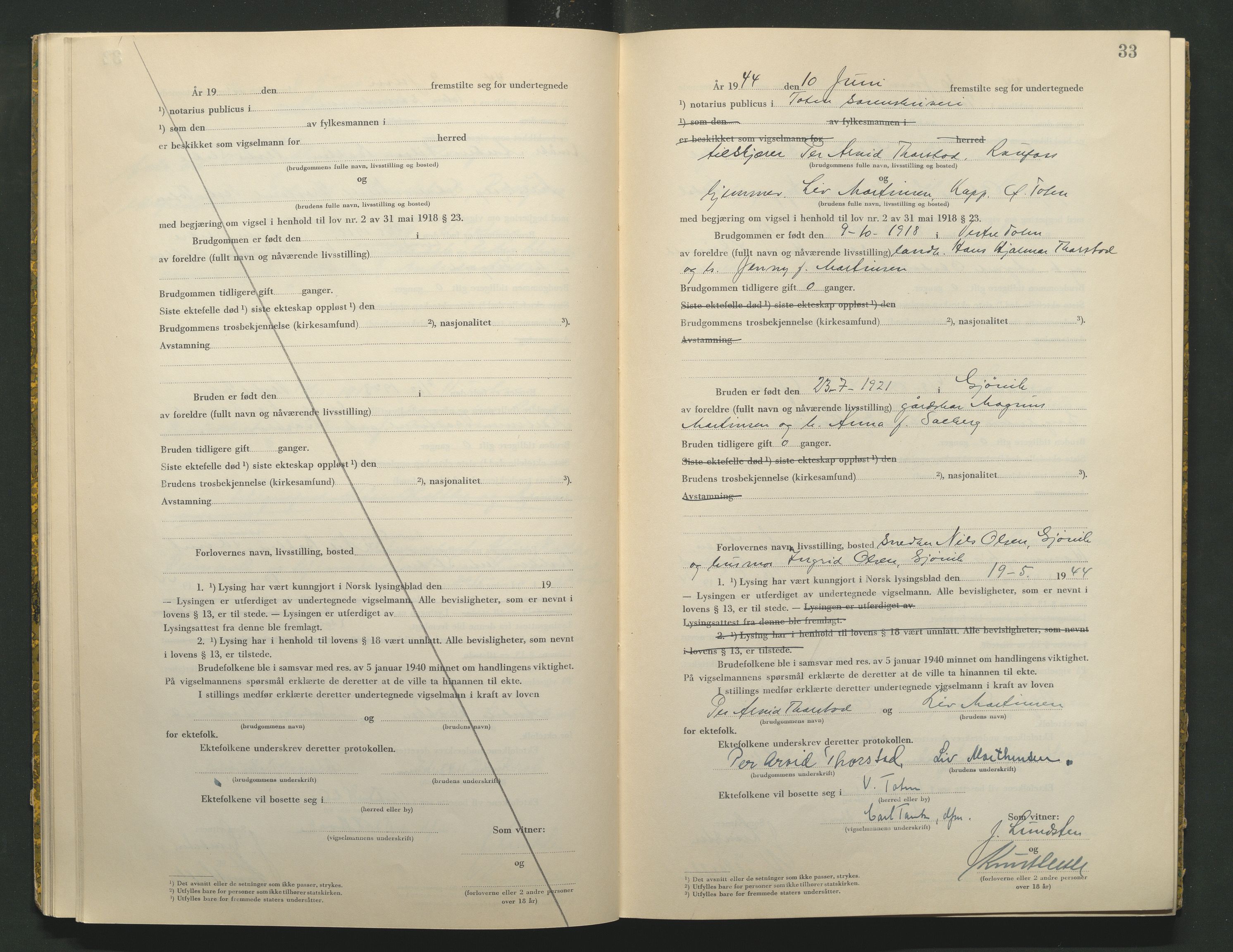 Toten tingrett, AV/SAH-TING-006/L/Lc/L0004: Vigselbok, 1944, p. 33