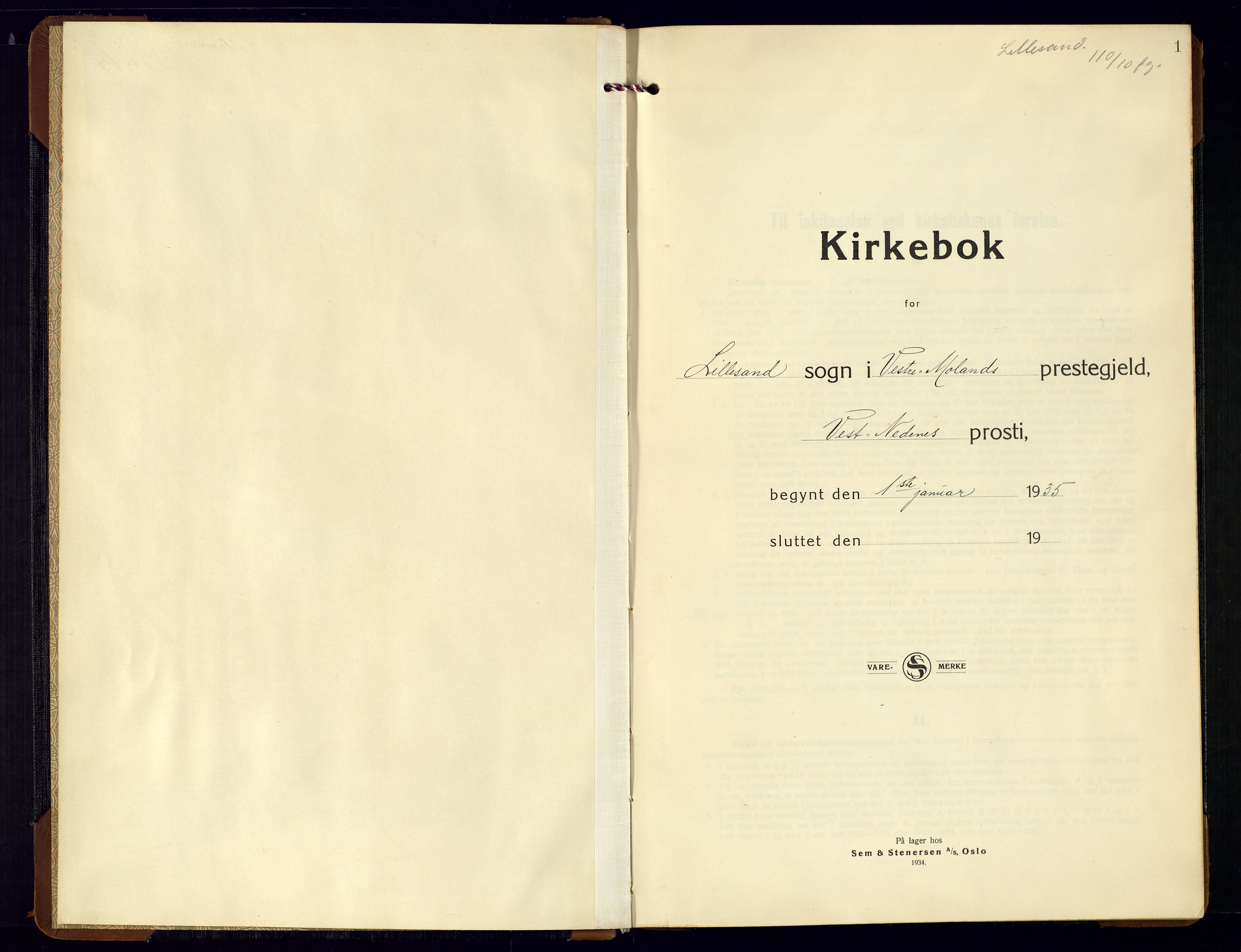 Vestre Moland sokneprestkontor, AV/SAK-1111-0046/F/Fb/Fba/L0003: Parish register (copy) no. B-3, 1935-1962, p. 1