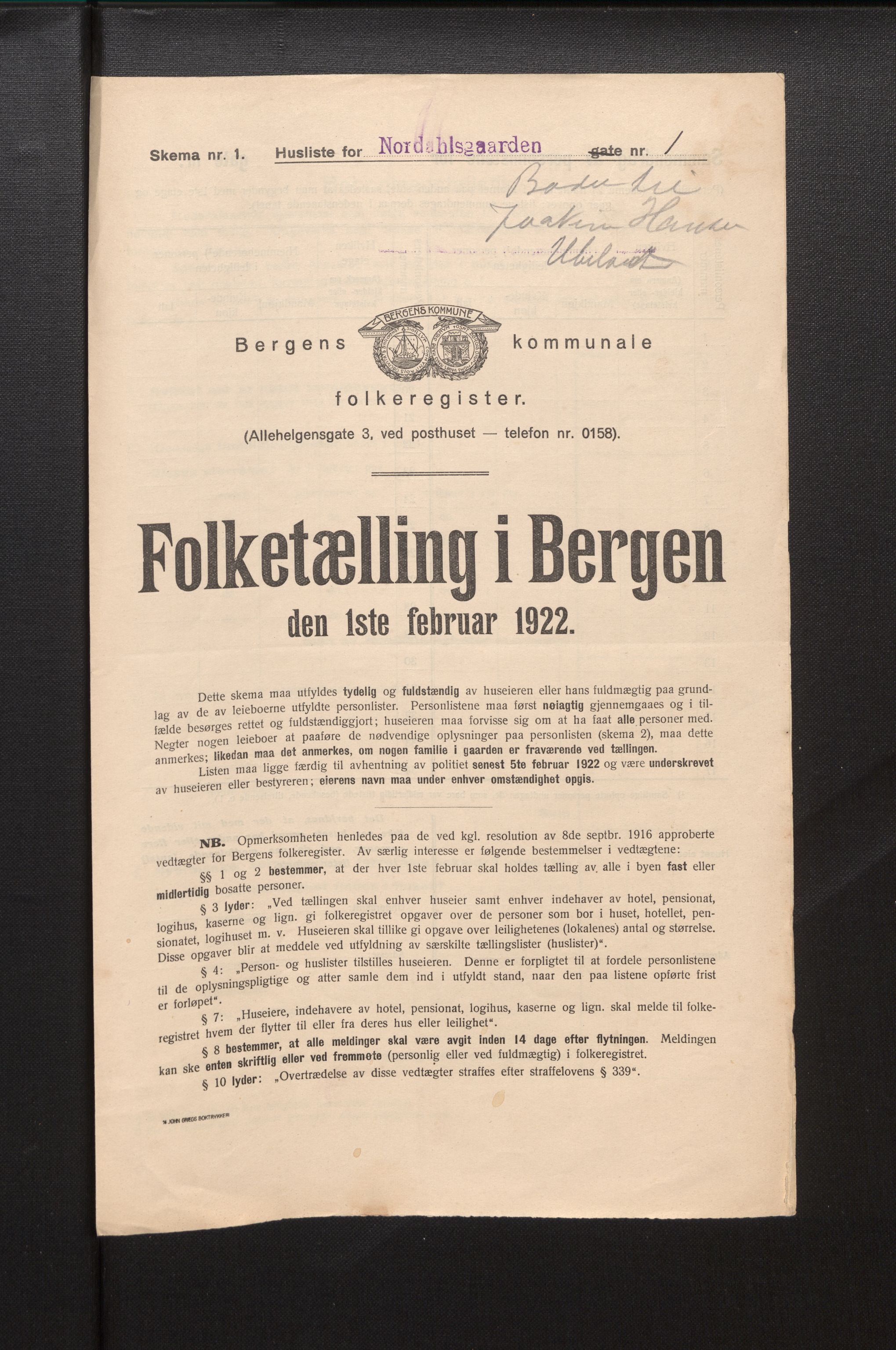 SAB, Municipal Census 1922 for Bergen, 1922, p. 26974