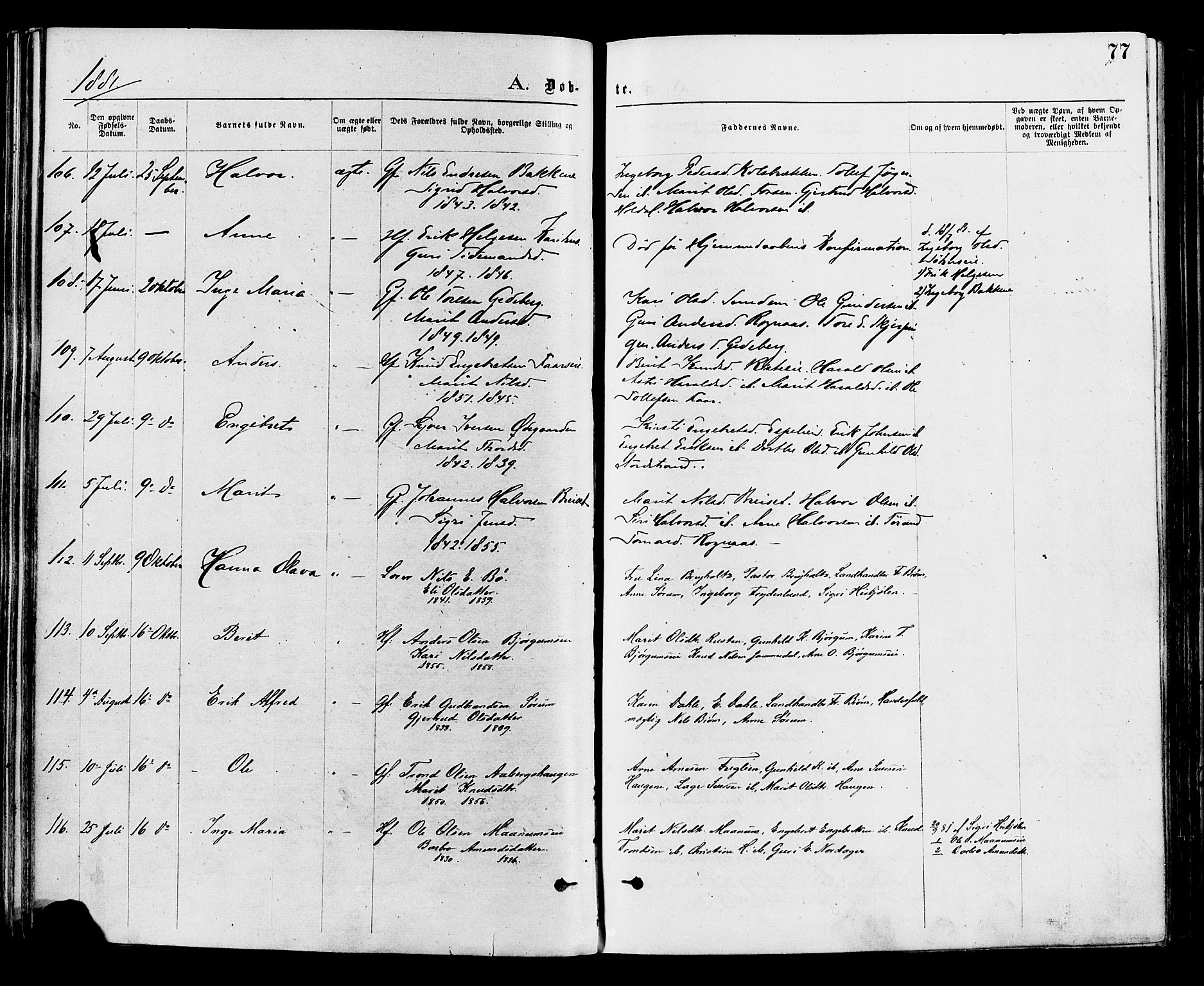 Nord-Aurdal prestekontor, AV/SAH-PREST-132/H/Ha/Haa/L0009: Parish register (official) no. 9, 1876-1882, p. 77
