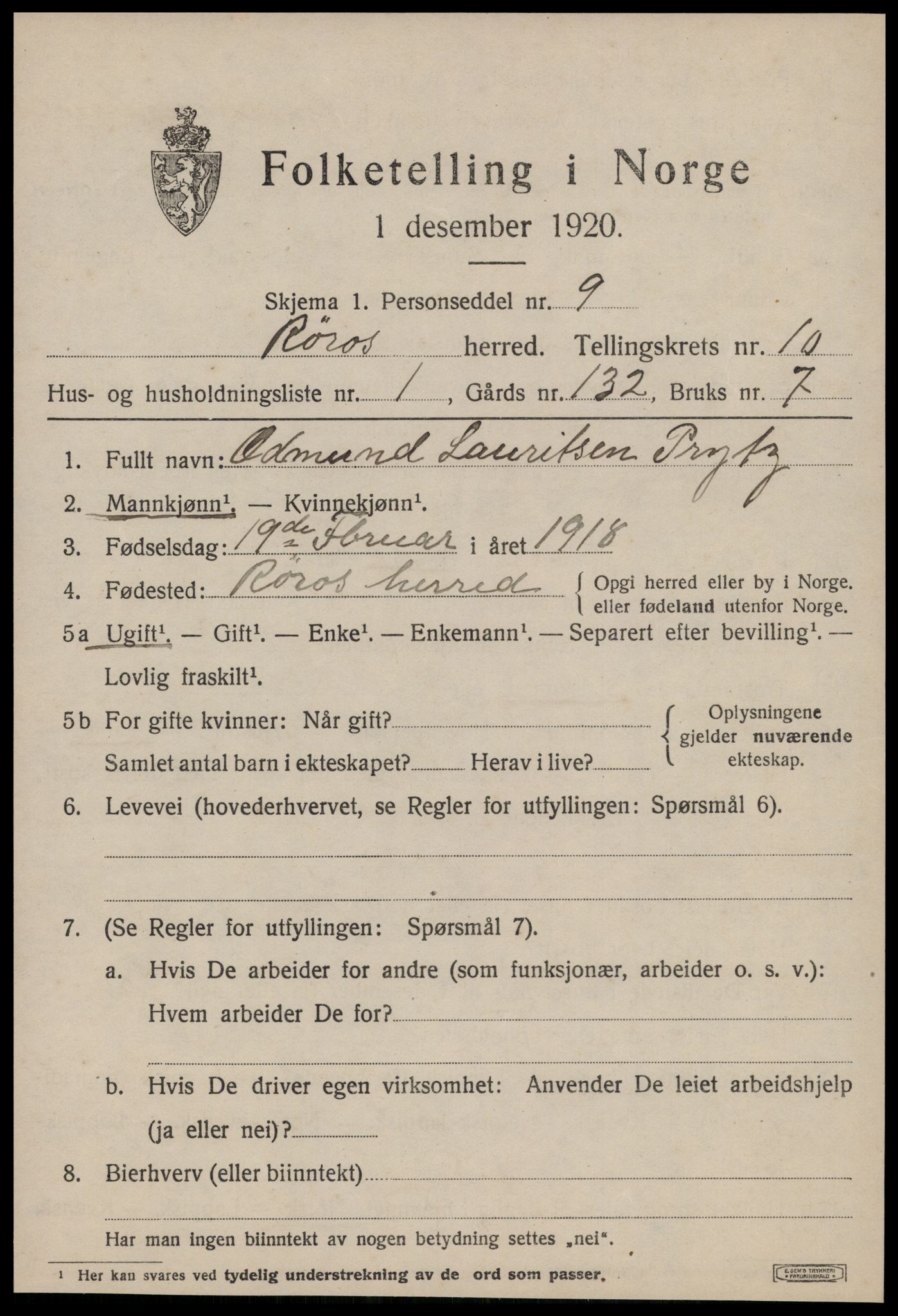 SAT, 1920 census for Røros, 1920, p. 8178